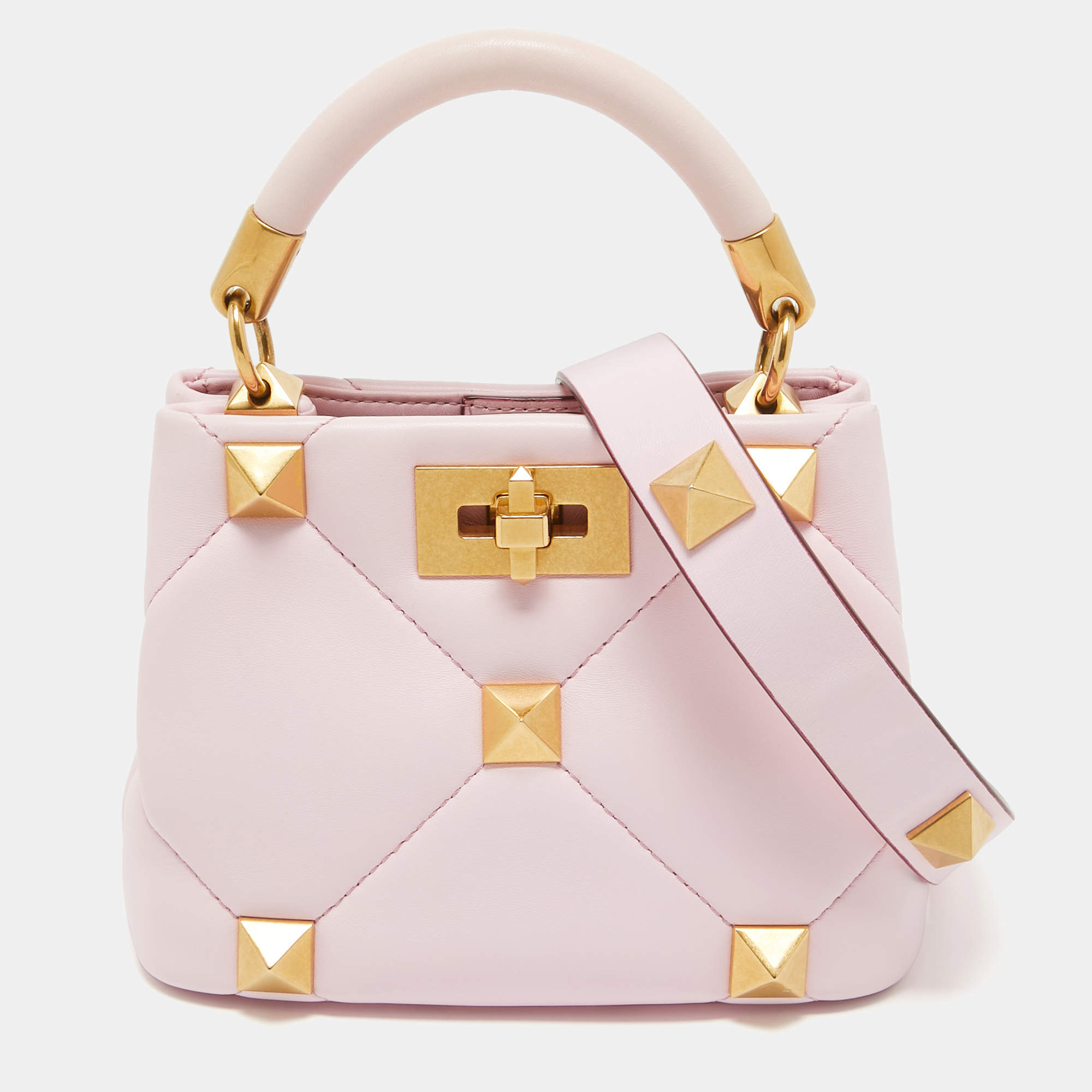 Valentino Pink Leather Mini Roman Stud Top Handle Bag