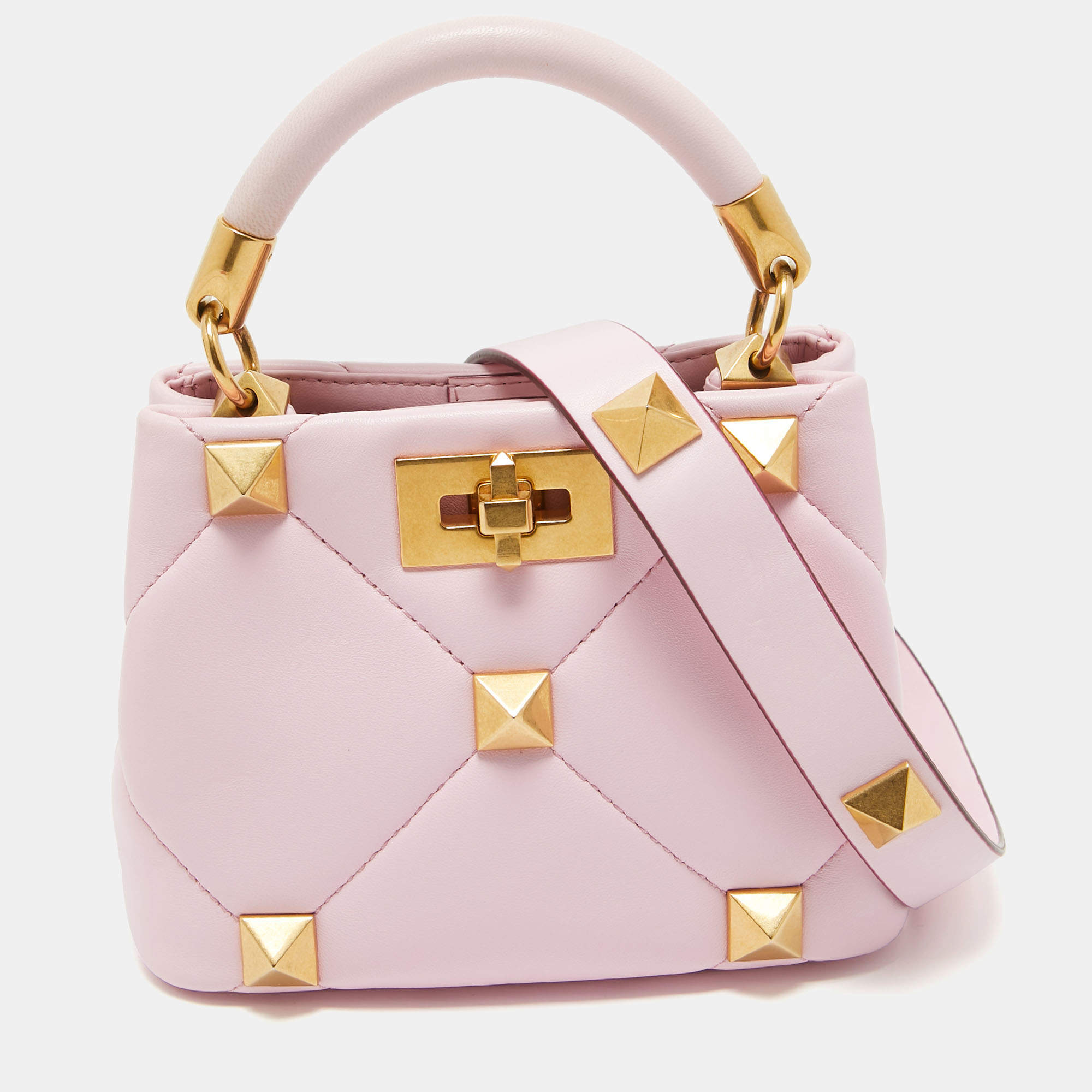 Pre Owned Valentino Pink Quilted Leather Mini Roman Stud Top Handle Bag