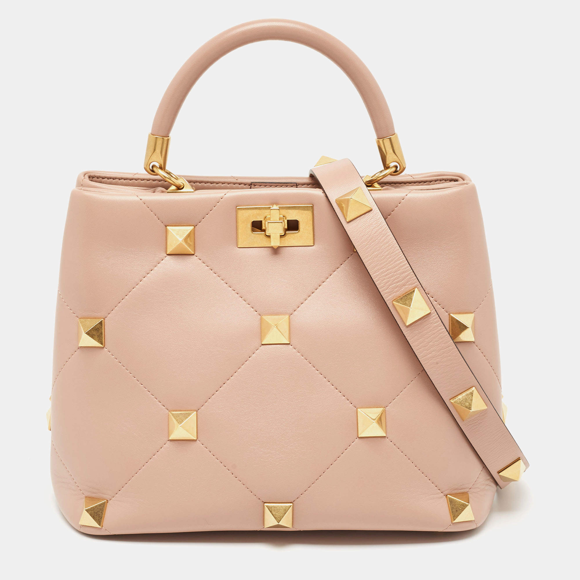 Valentino Rose Cannelle Leather Medium Roman Stud Top Handle Bag