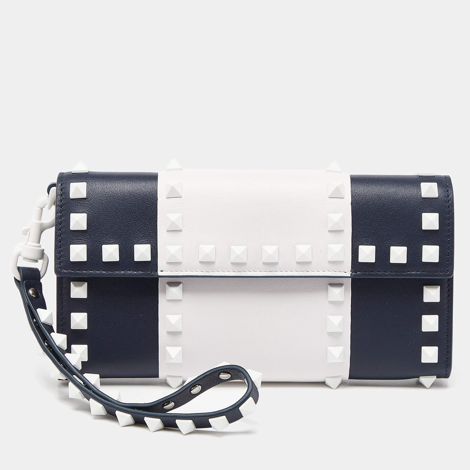 Valentino Blue/White Leather Rockstud Flap Wristlet Continental Wallet