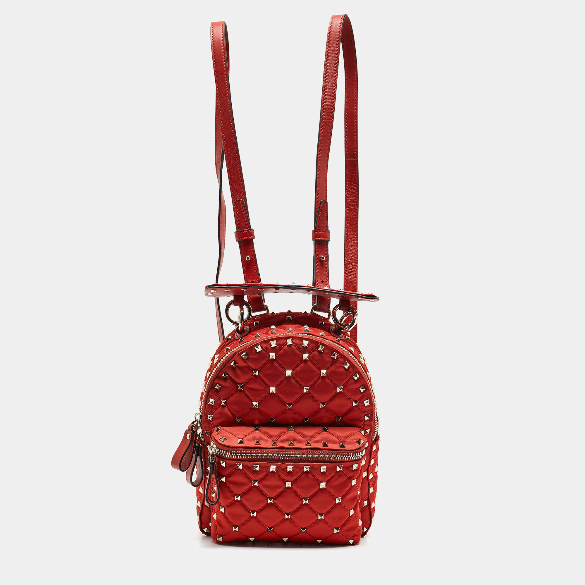 Valentino Red Quilted Nylon and Leather Mini Rockstud Spike Backpack