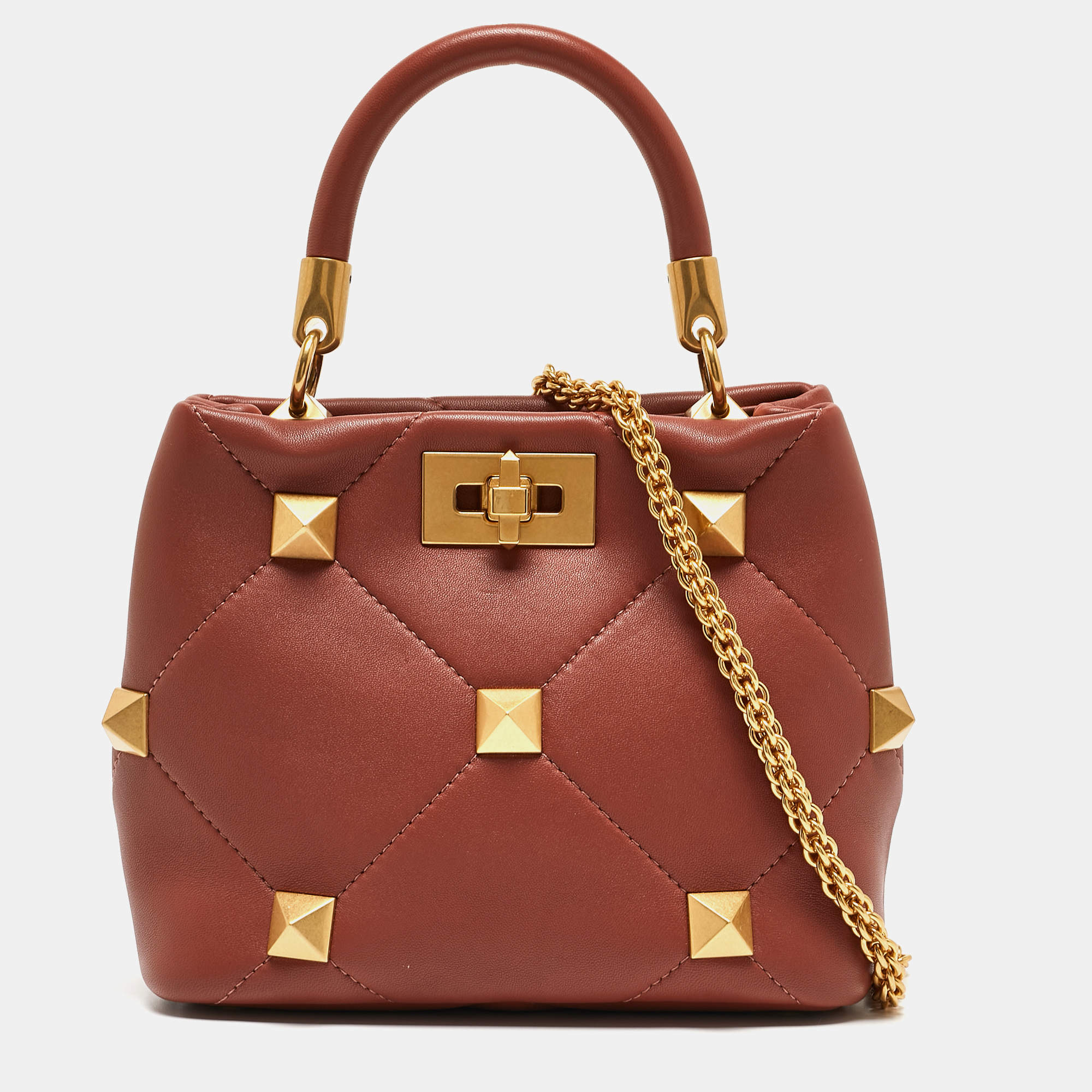 Pre Owned Valentino Chestnut Brown Leather Small Roman Stud Top Handle Bag