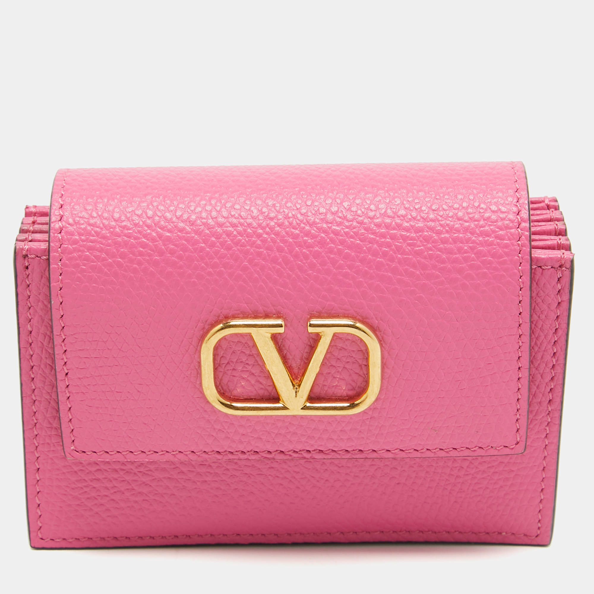 Pre Owned Valentino Pink Leather VLogo Accordion Card Holder