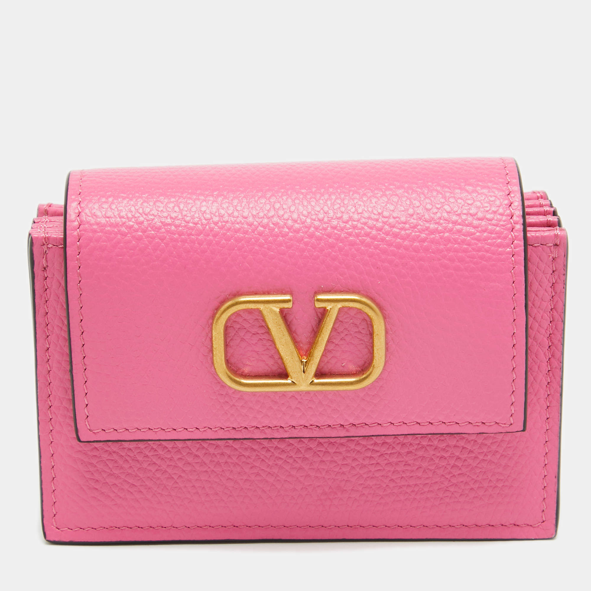 Pre Owned Valentino Pink Leather VLogo Accordion Card Holder