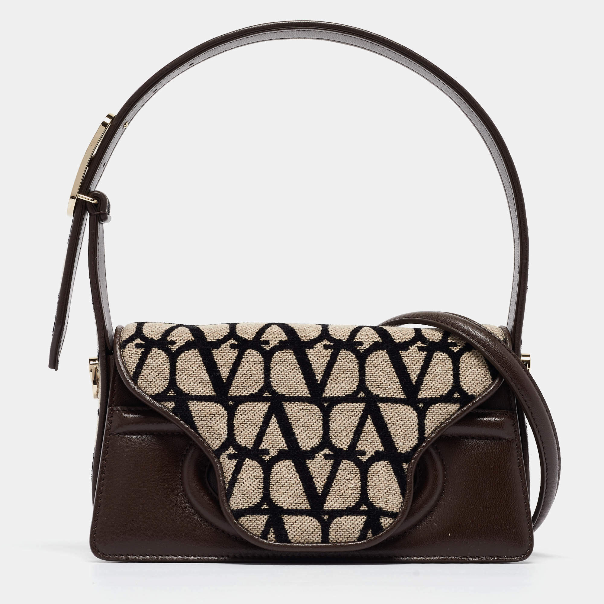 Pre Owned Valentino Brown/Beige Iconographe Canvas and Leather Le Petite Deuxième Top Handle Bag