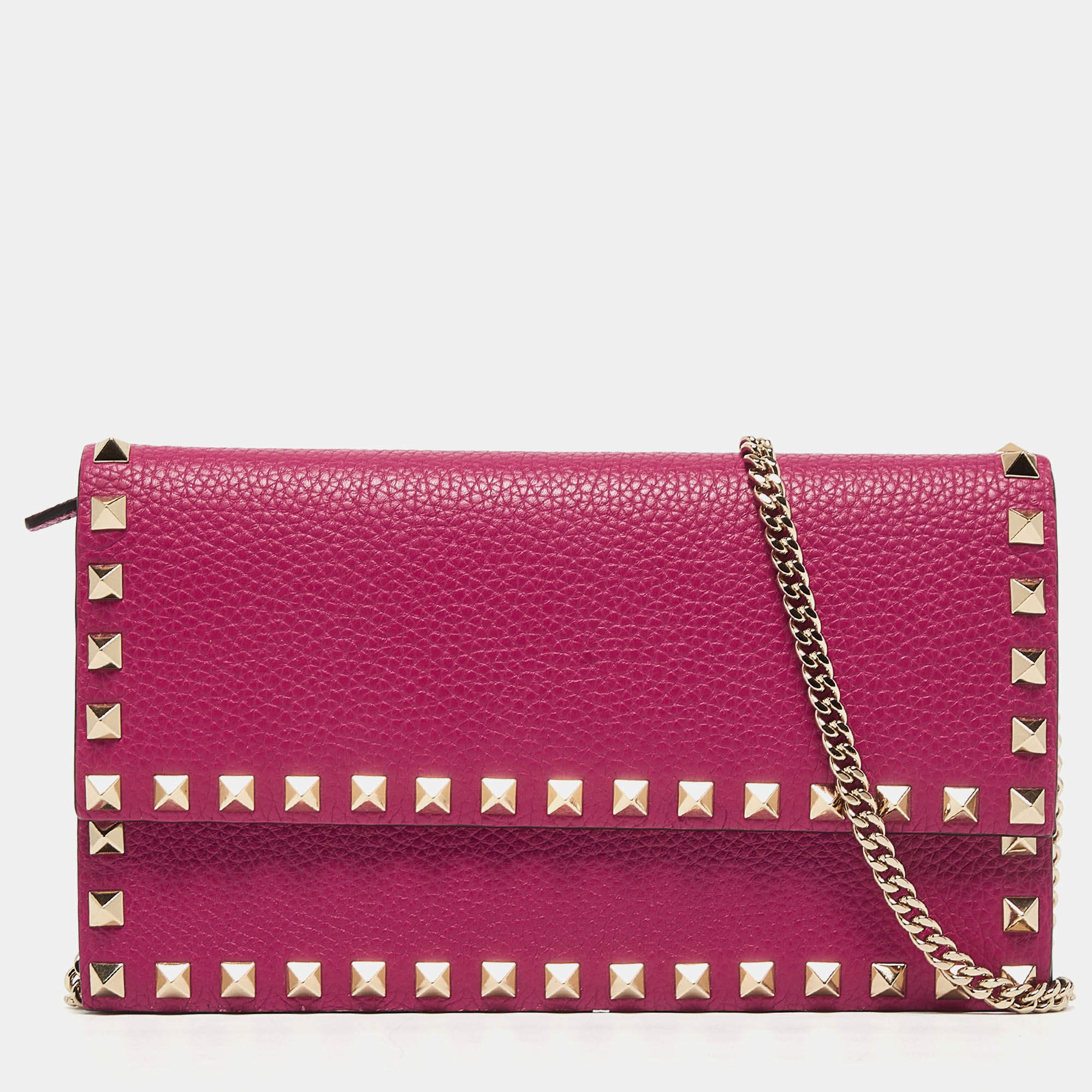 Pre Owned Valentino Fuchsia Leather Rockstud Flap Wallet on Chain