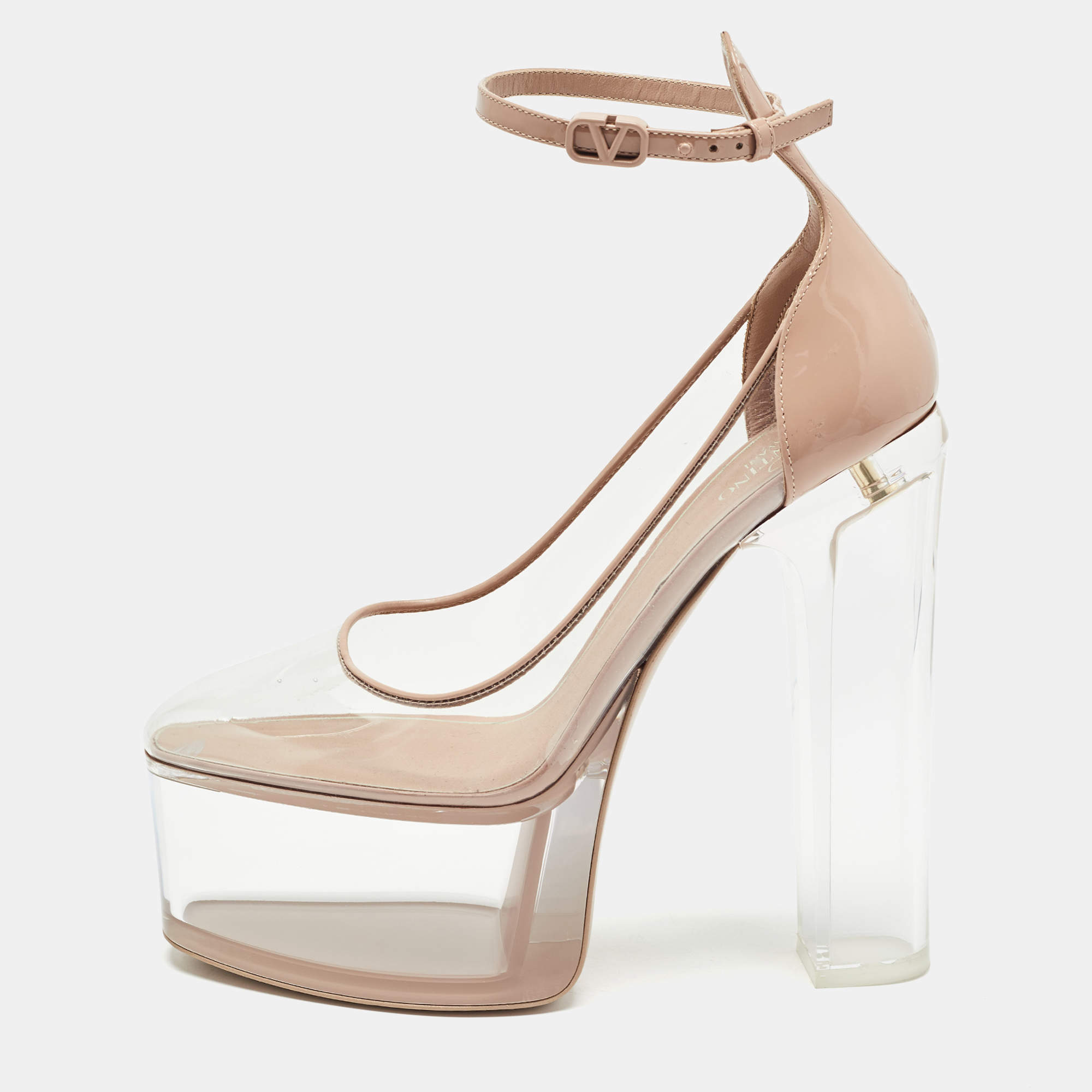 Pre Owned Valentino Beige/Transparent PVC and Leather Platform Pumps Size 38.5