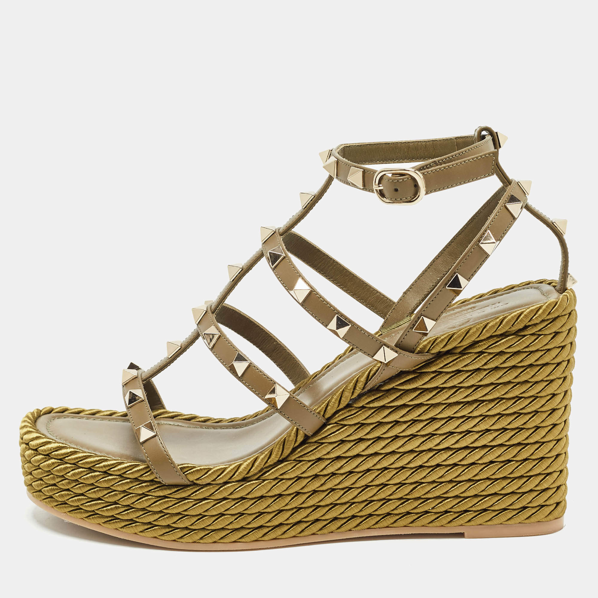 Pre Owned Valentino Green Leather Rockstud Wedge Sandals Size 39