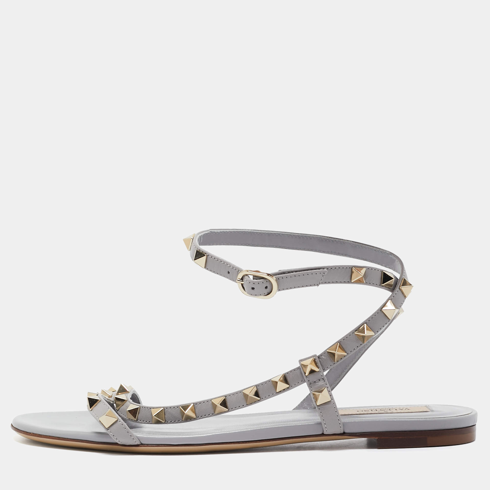 Pre Owned Valentino Grey Leather Rockstud Strappy Flat Sandals Size 38