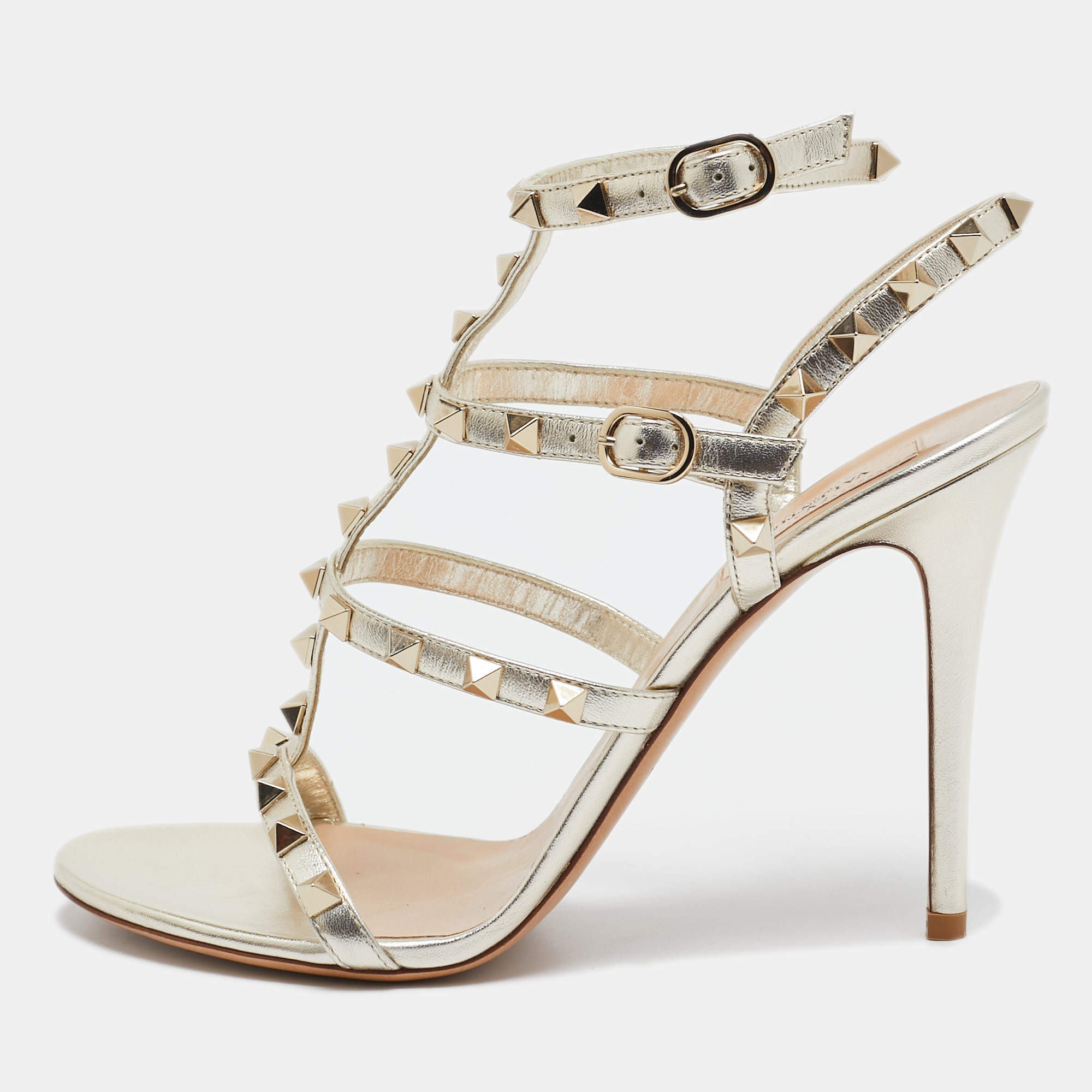 Pre Owned Valentino Gold Leather Rockstud Ankle Strap Sandals Size 39.5