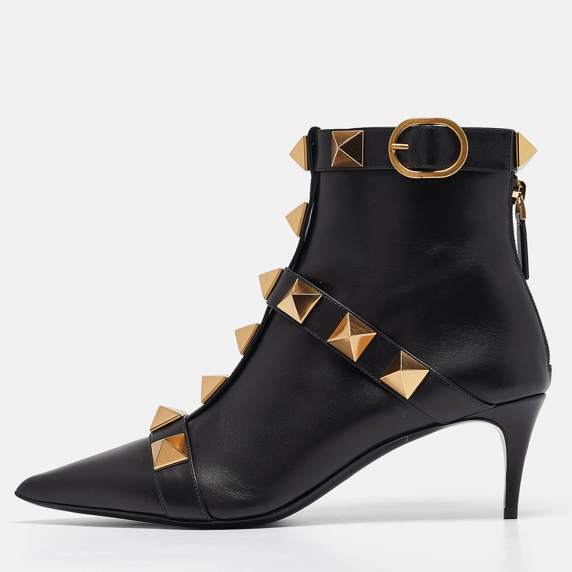 Pre Owned Valentino Black Leather Stud Ankle Boots Size 38.5