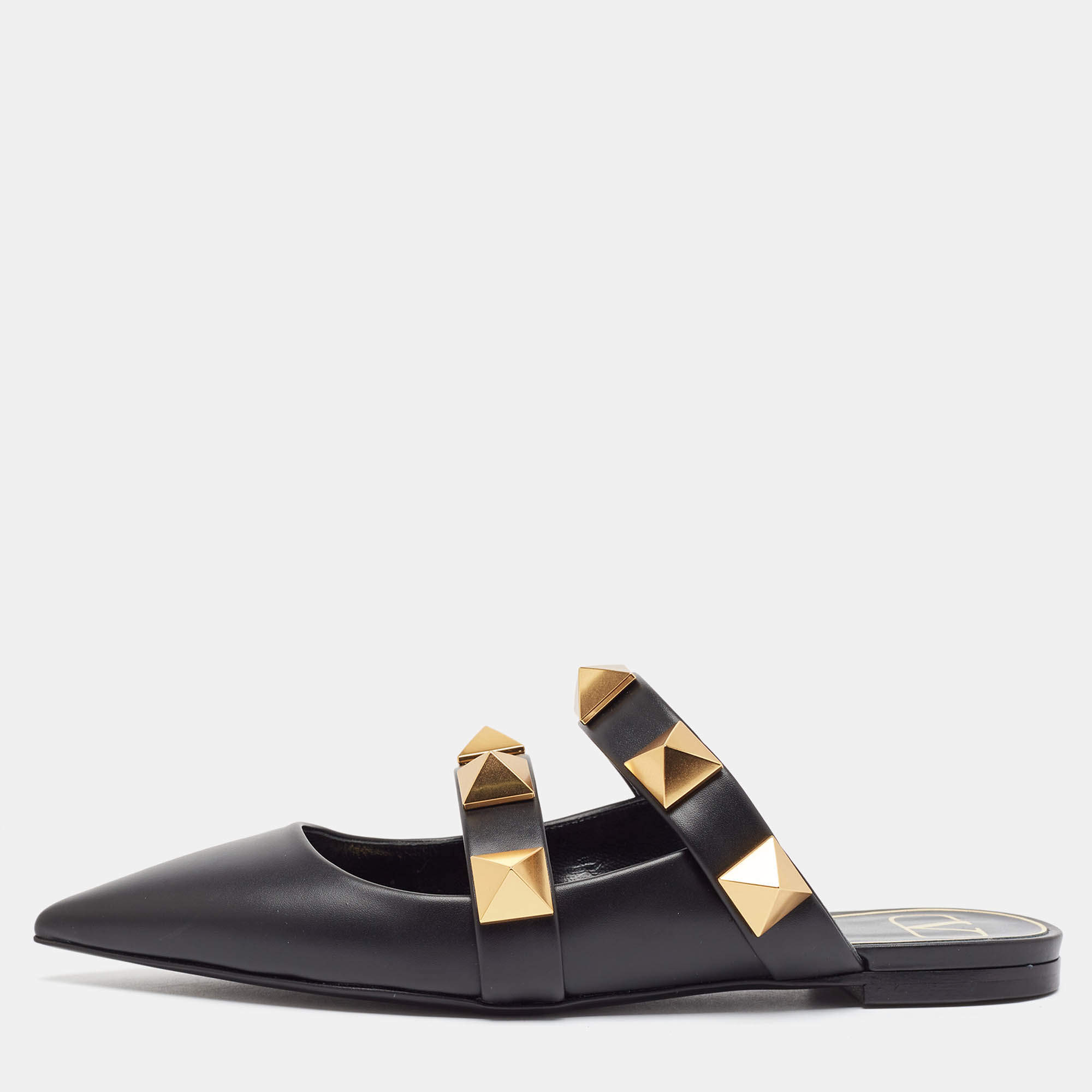 Pre Owned Valentino Black Leather Roman Stud Flat Mules Size 37