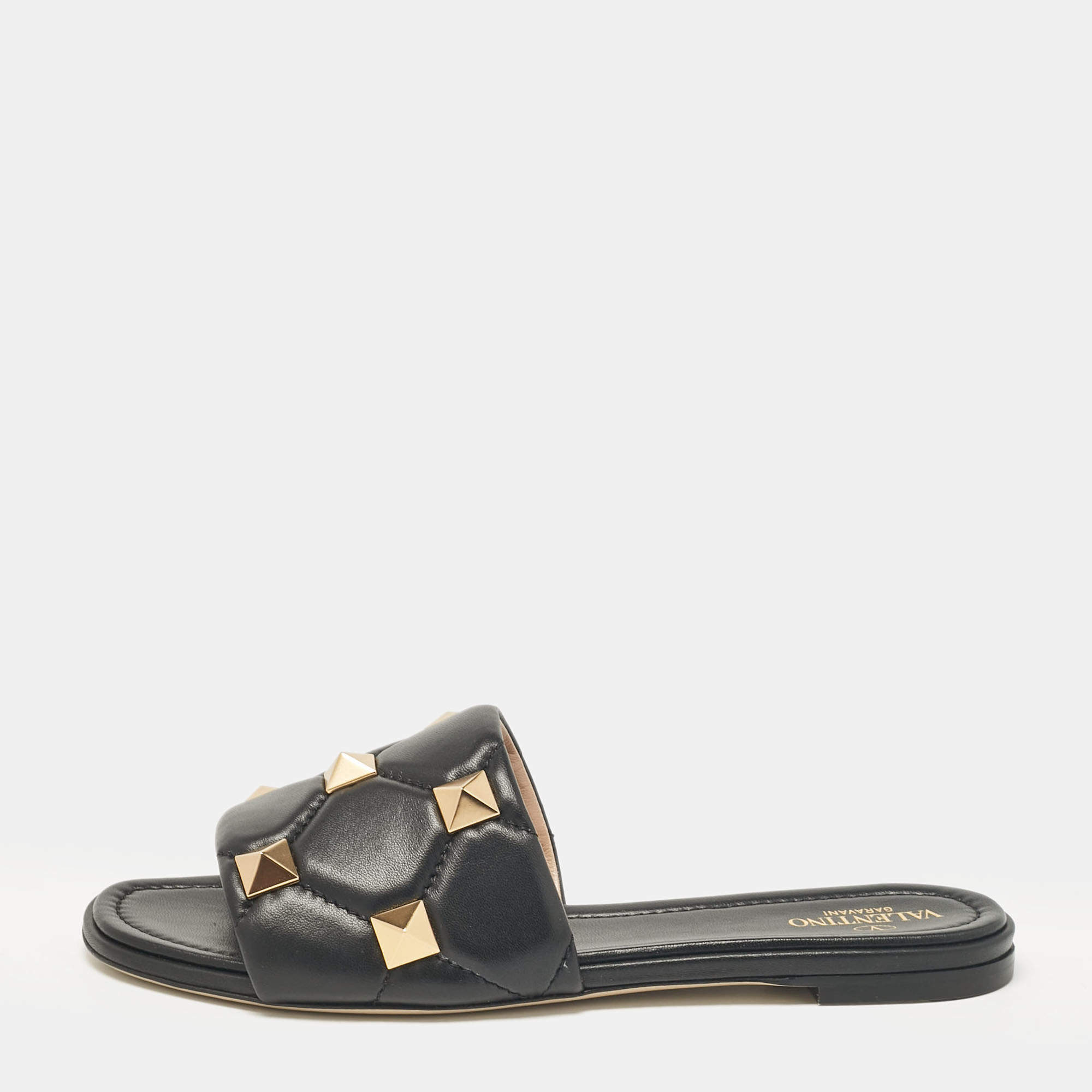 Pre Owned Valentino Black Leather Roman Stud Flat Slides Size 40