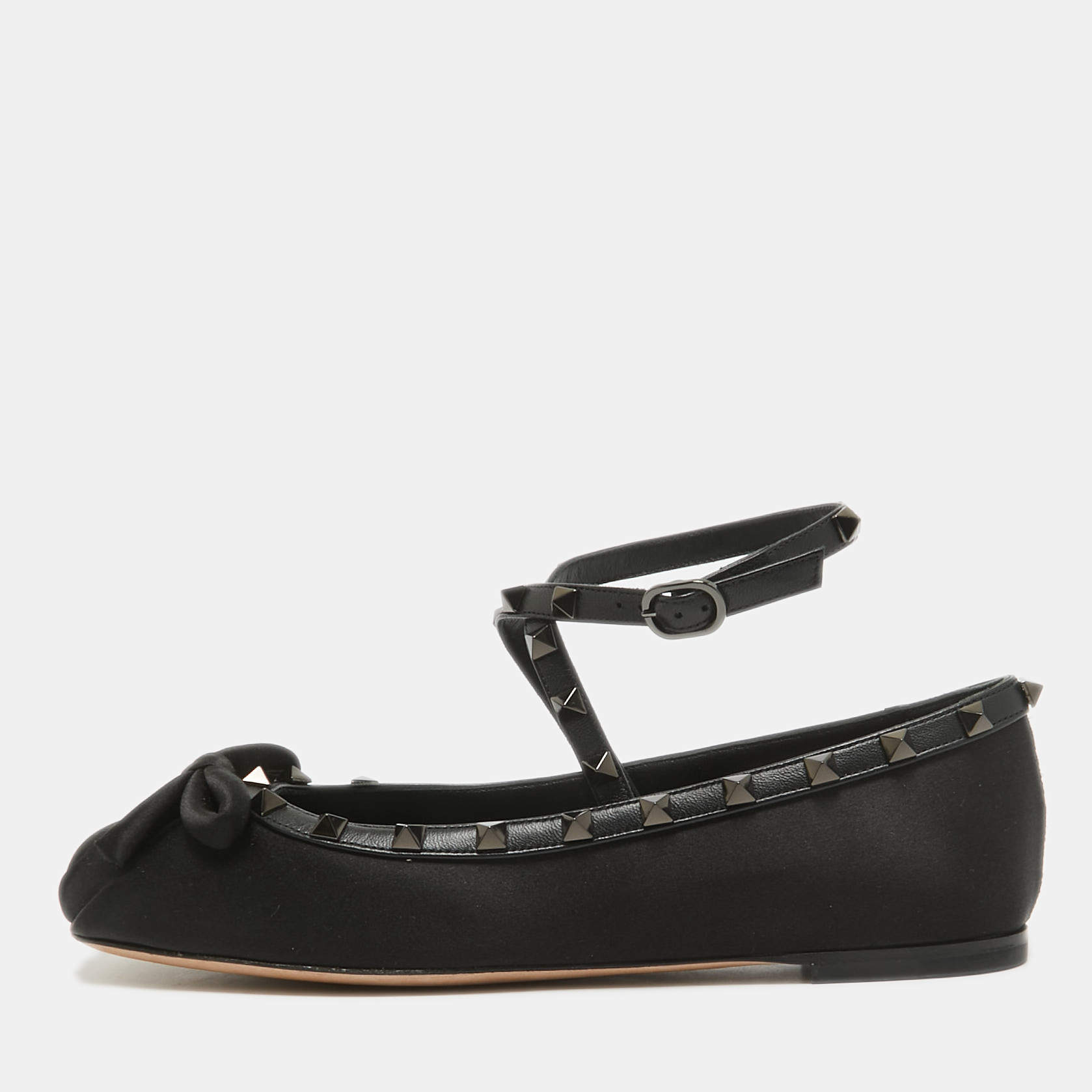 Pre Owned Valentino Black Satin Rockstud Bow Ballet Flats Size 38