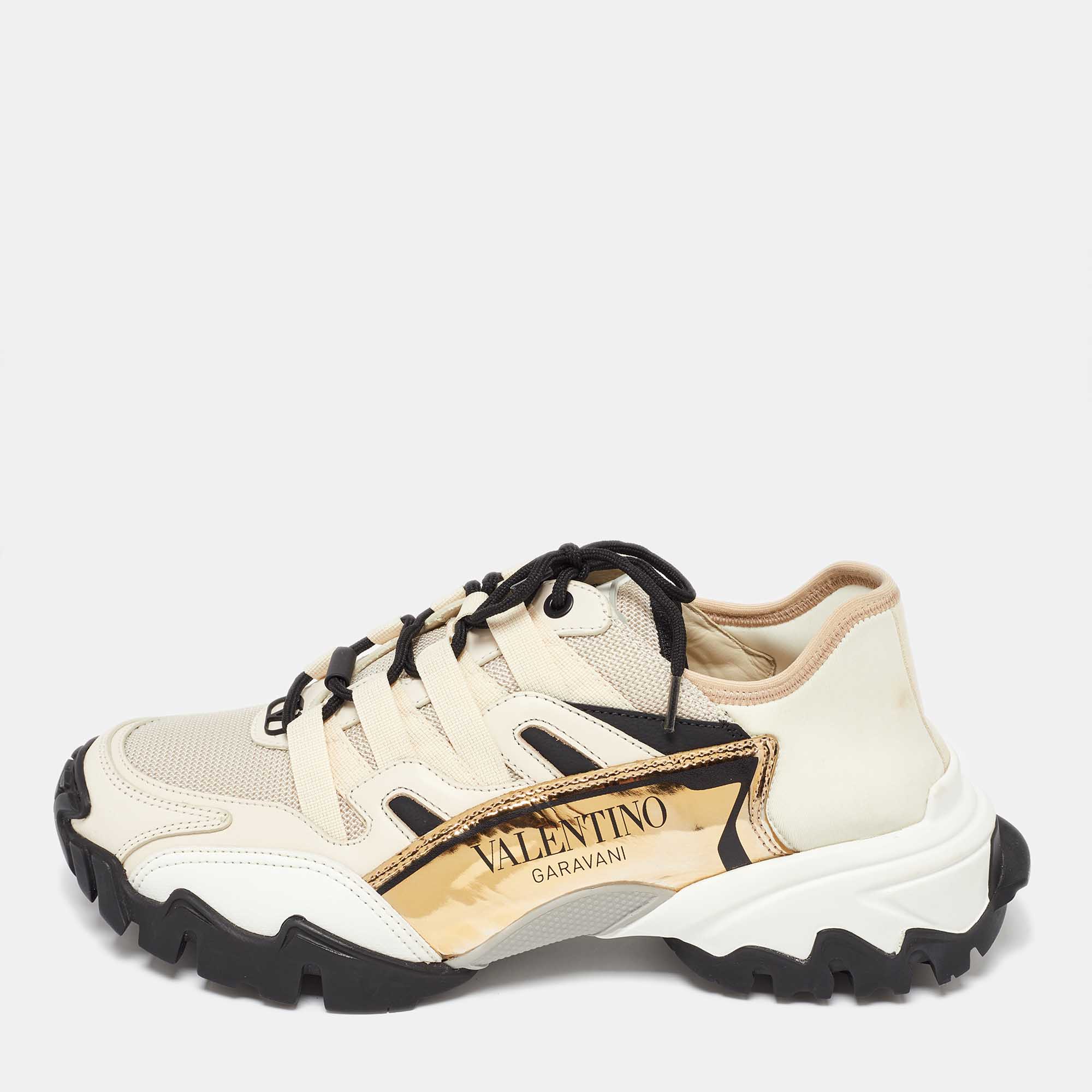 Pre Owned Valentino Cream/Black Mesh Fabric and Leather Climbers Sneakers Size 39