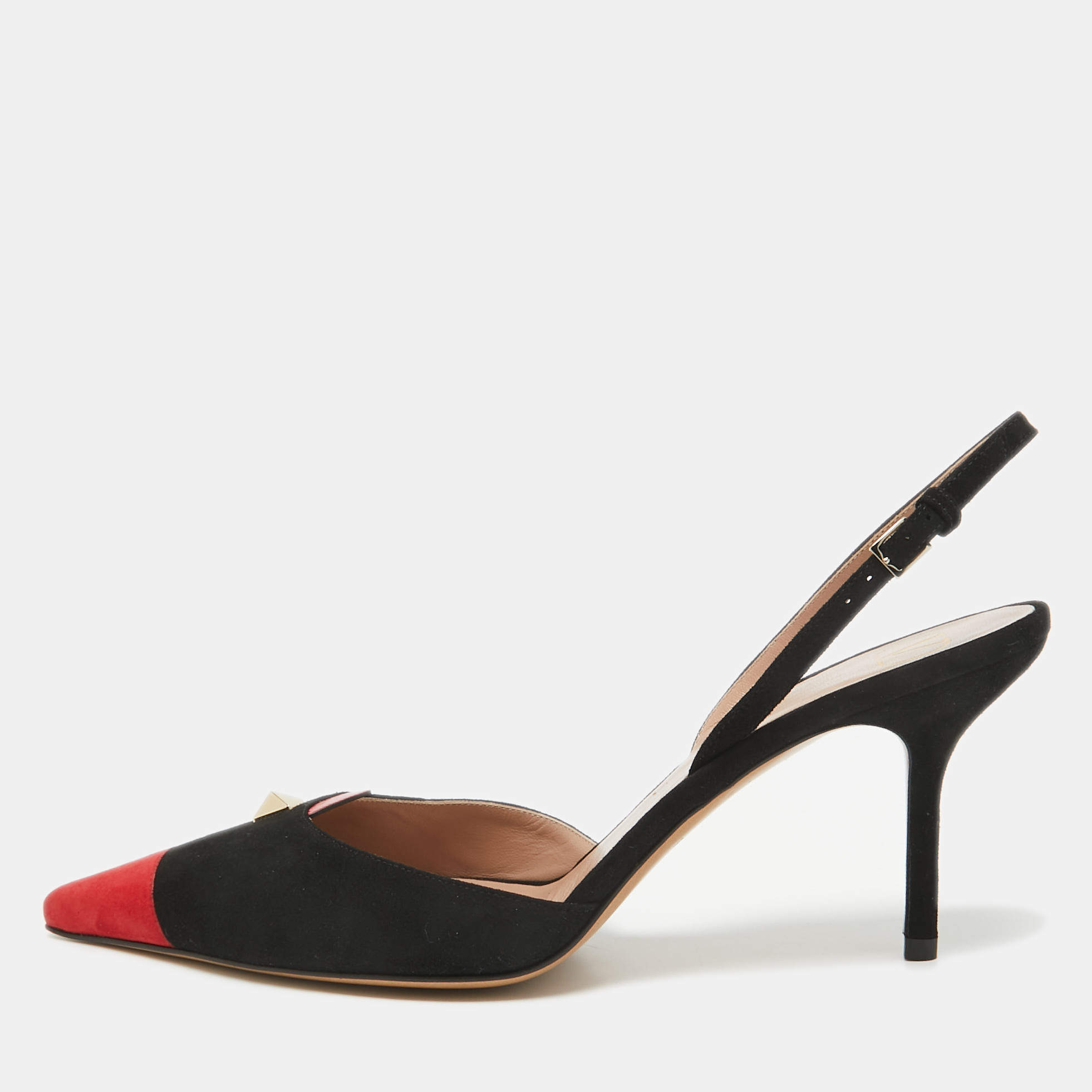 Pre Owned Valentino Black/Red Suede Rockstud Slingback Pumps Size  41