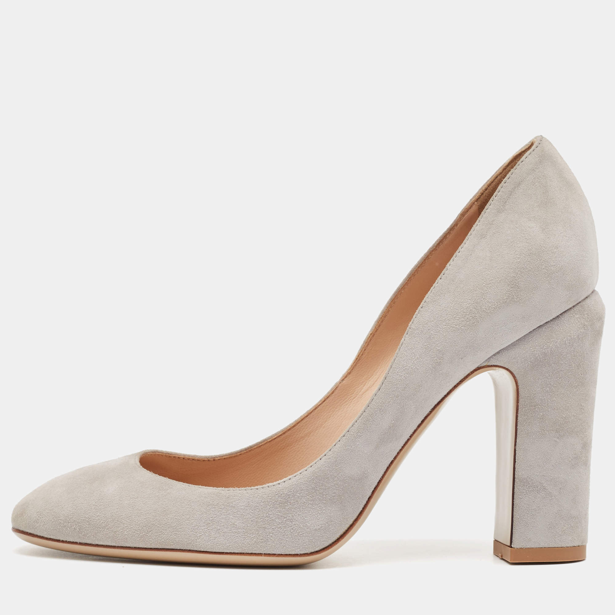 Pre Owned Valentino Grey Suede Block Heel Pumps Size 36.5