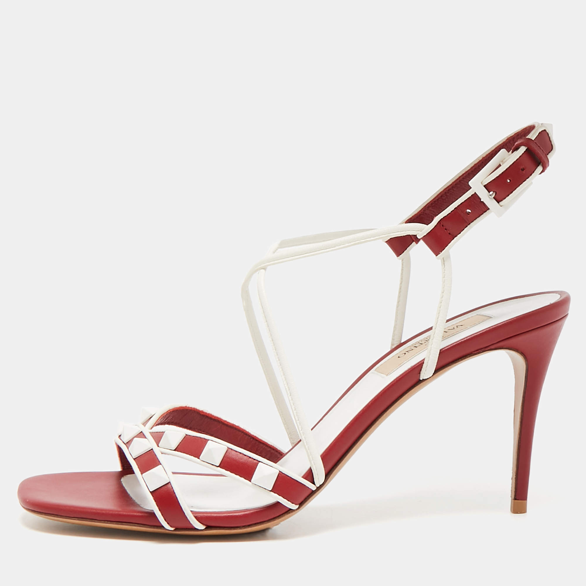 Valentino Red Leather Free Rockstud Crisscross Slingback Sandals Size 36.5