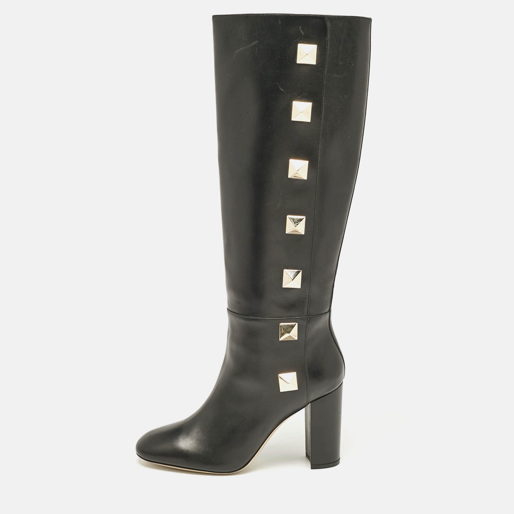 Pre Owned Valentino Black Leather Rockstud Knee Length Boots Size 40