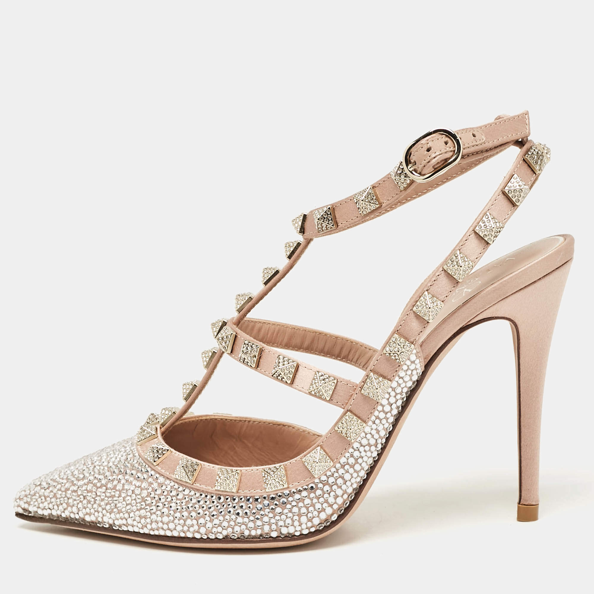 Pre Owned Valentino Beige/Silver Satin and Crystals Rockstud Pumps Size 36