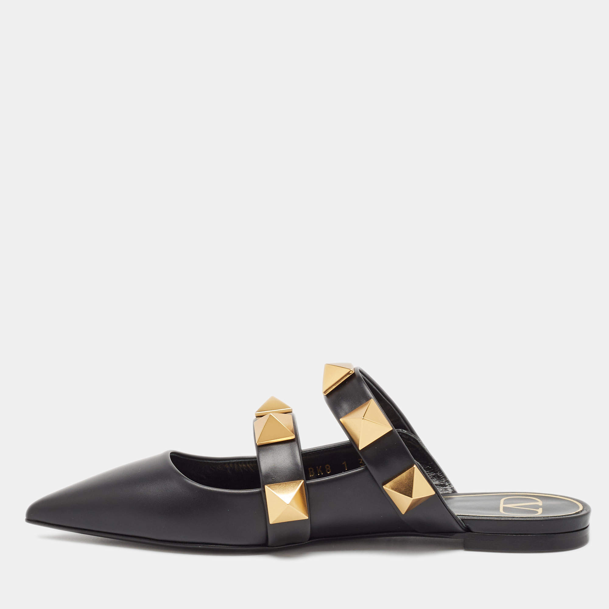 Valentino Black Leather Roman Stud Flat Mules Size 37