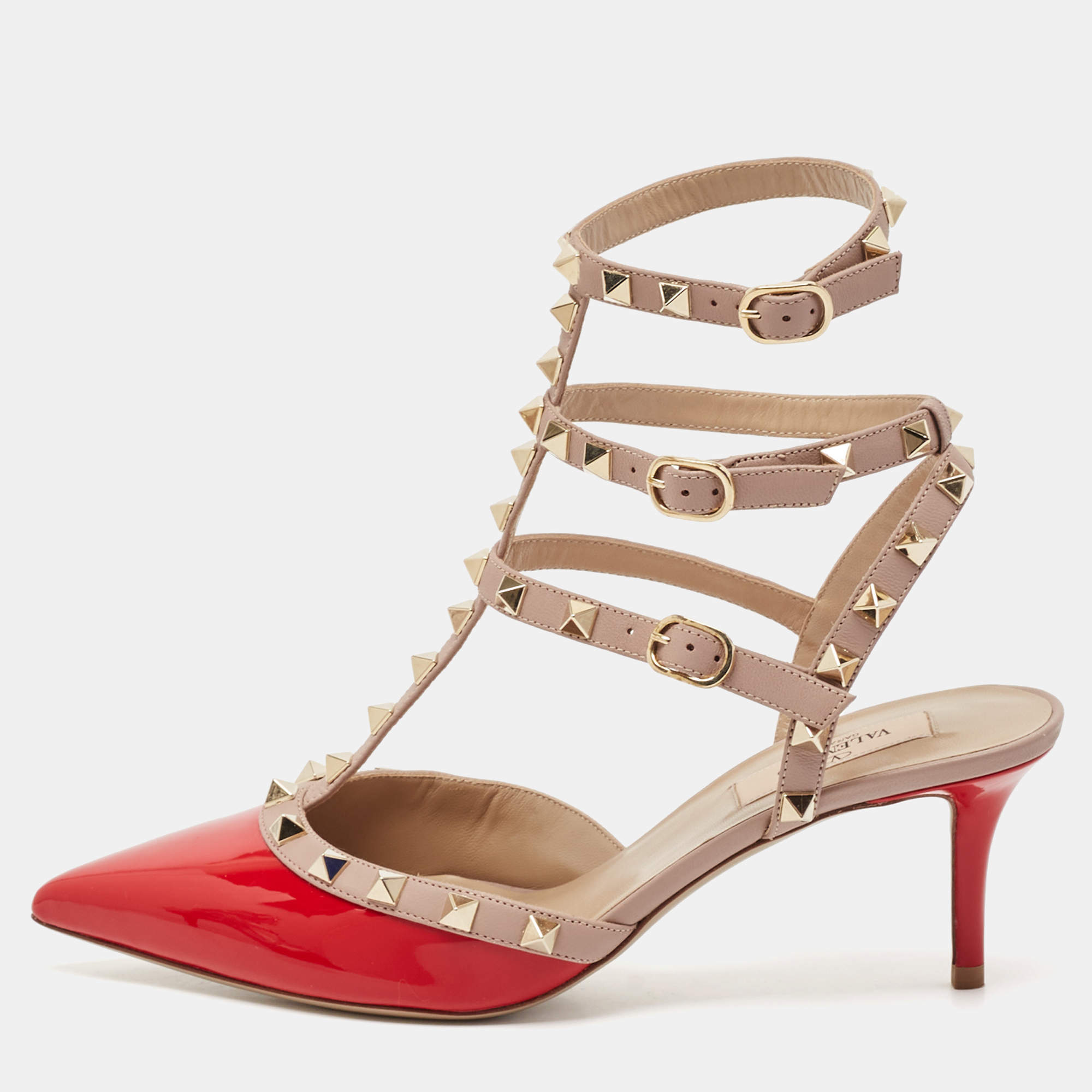Valentino Red/Dusty Pink Patent and Leather Rockstud Caged Pumps Size 38