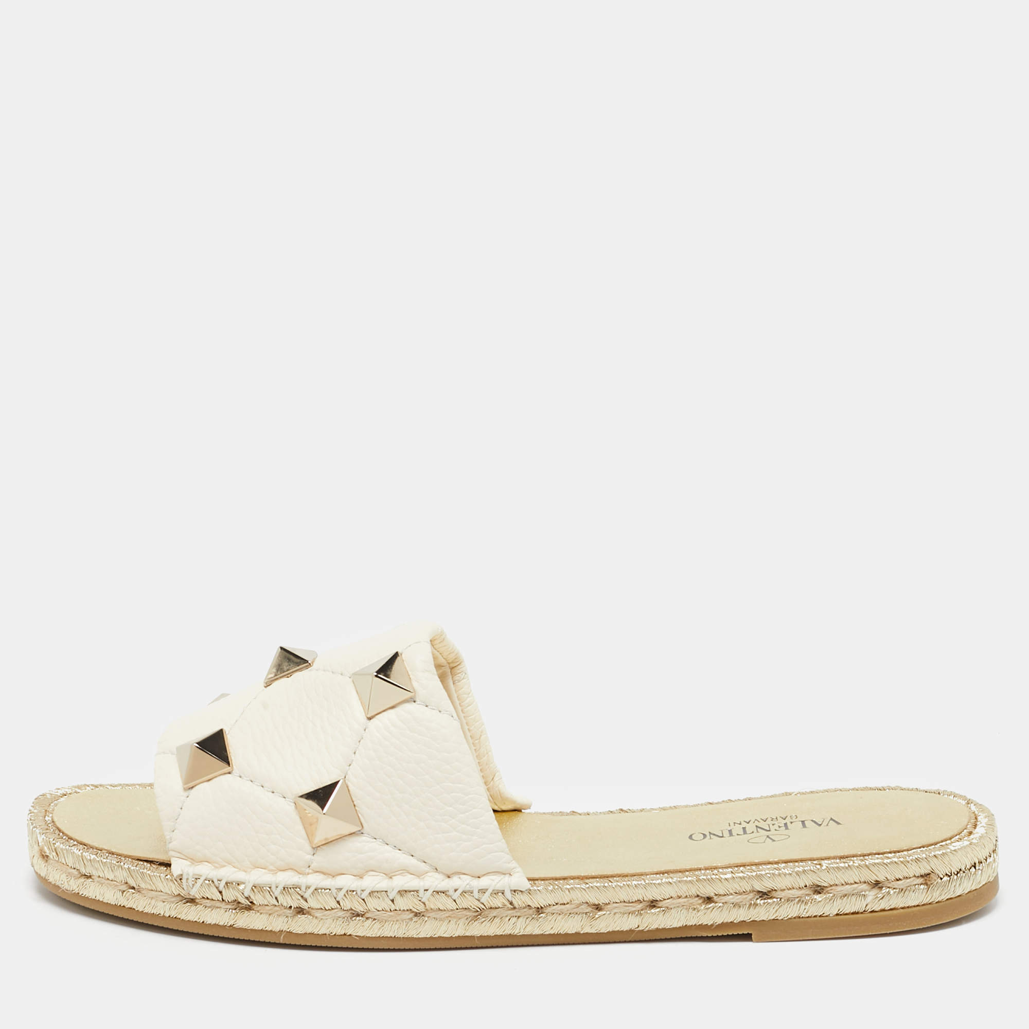 Pre Owned Valentino Ivory/Gold Leather Roman Stud Slide Flats Size 41