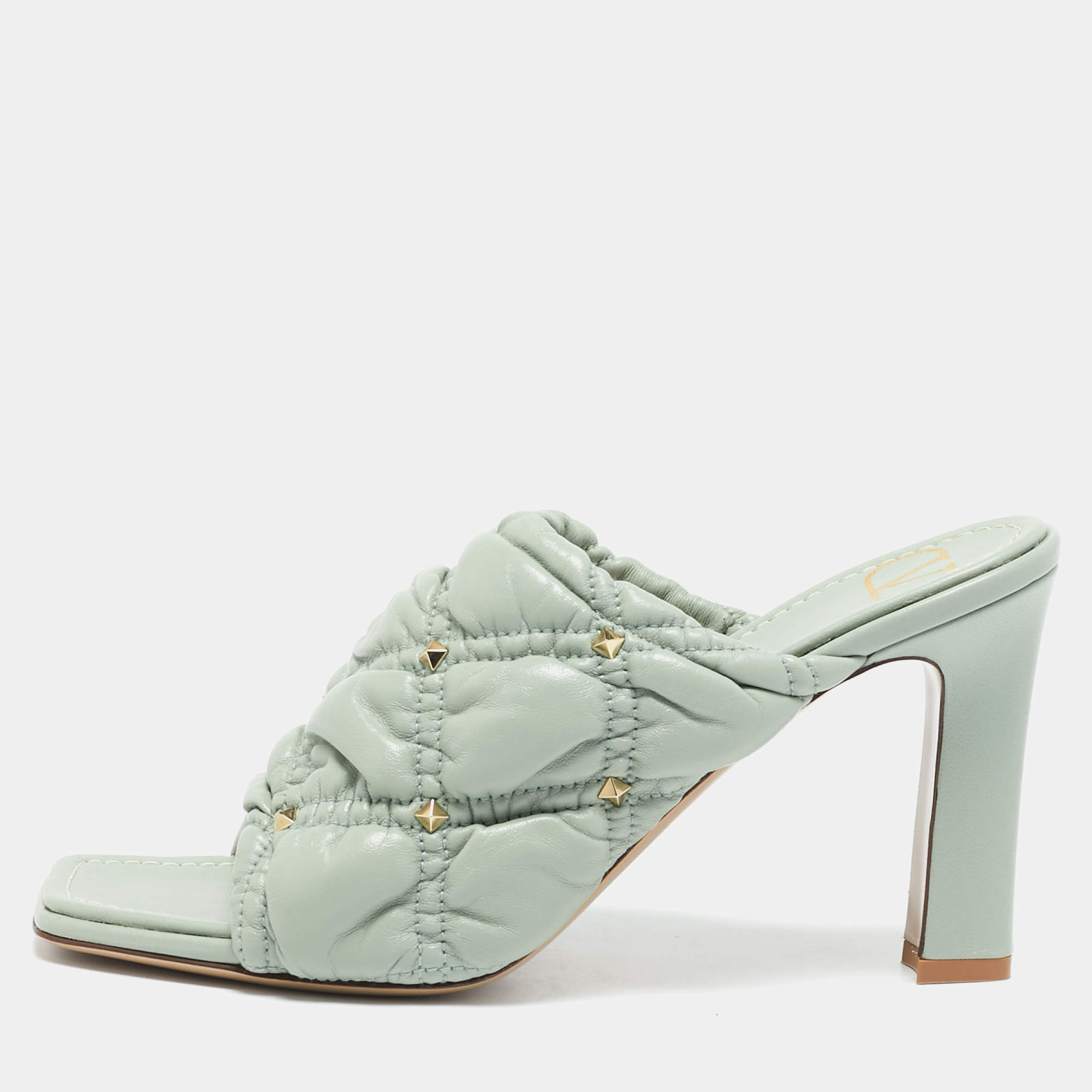 Valentino Mint Green Quilted Leather Rockstud Open Toe Mules Size 39