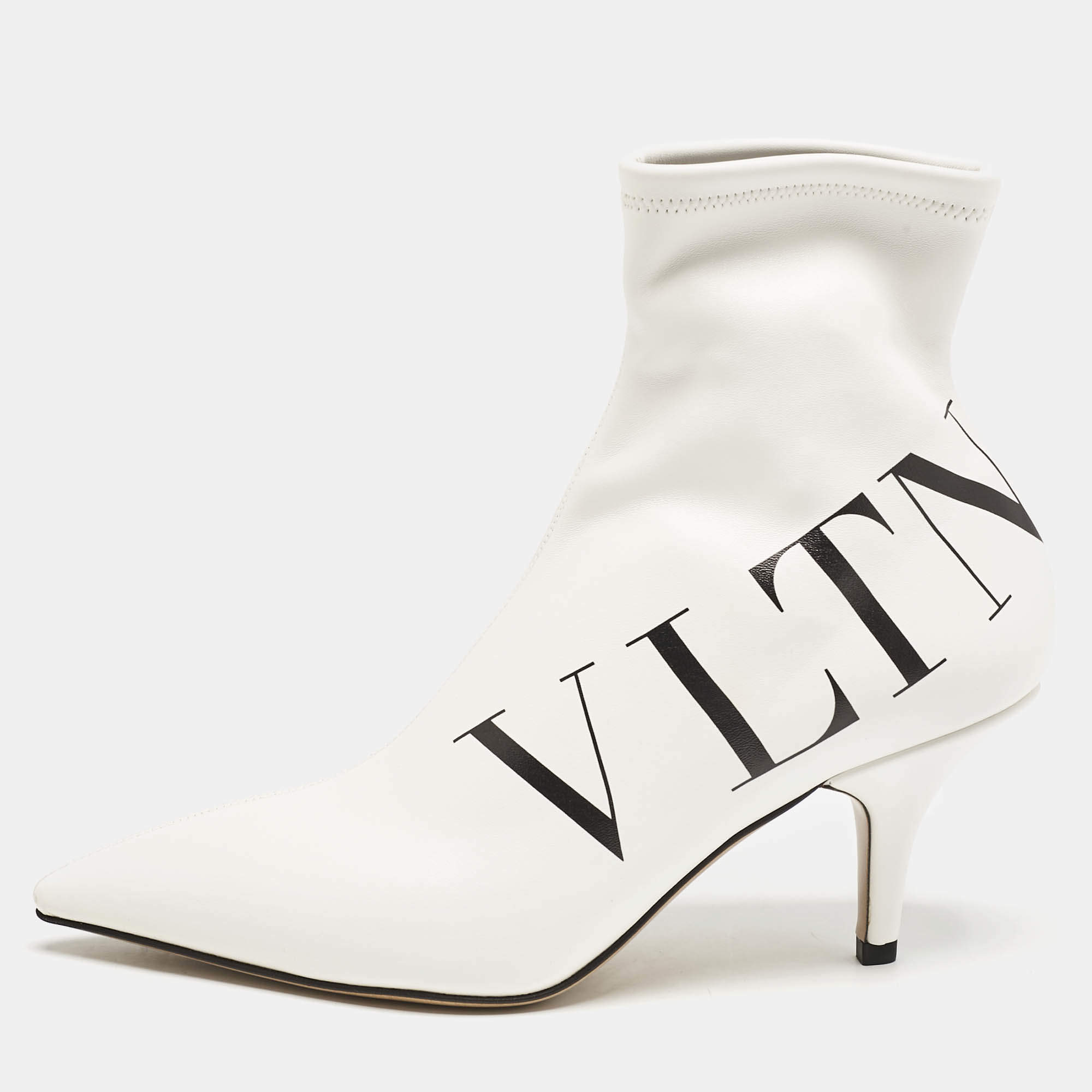 Pre Owned Valentino White Leather VLTN Sock Ankle Length Boots Size 37