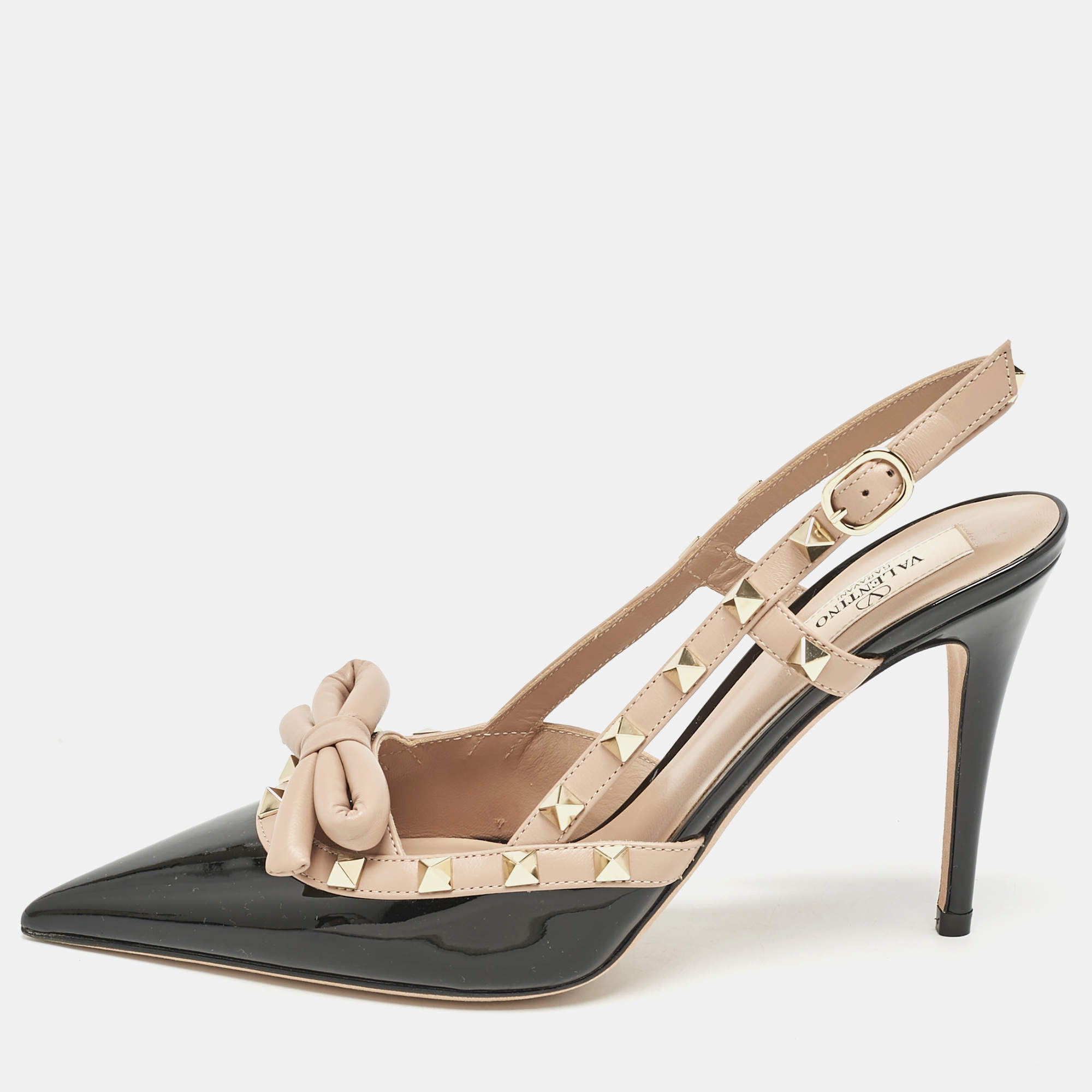 Valentino Black/Beige Patent Leather Rockstud Bow Slingback Pumps Size 37.5