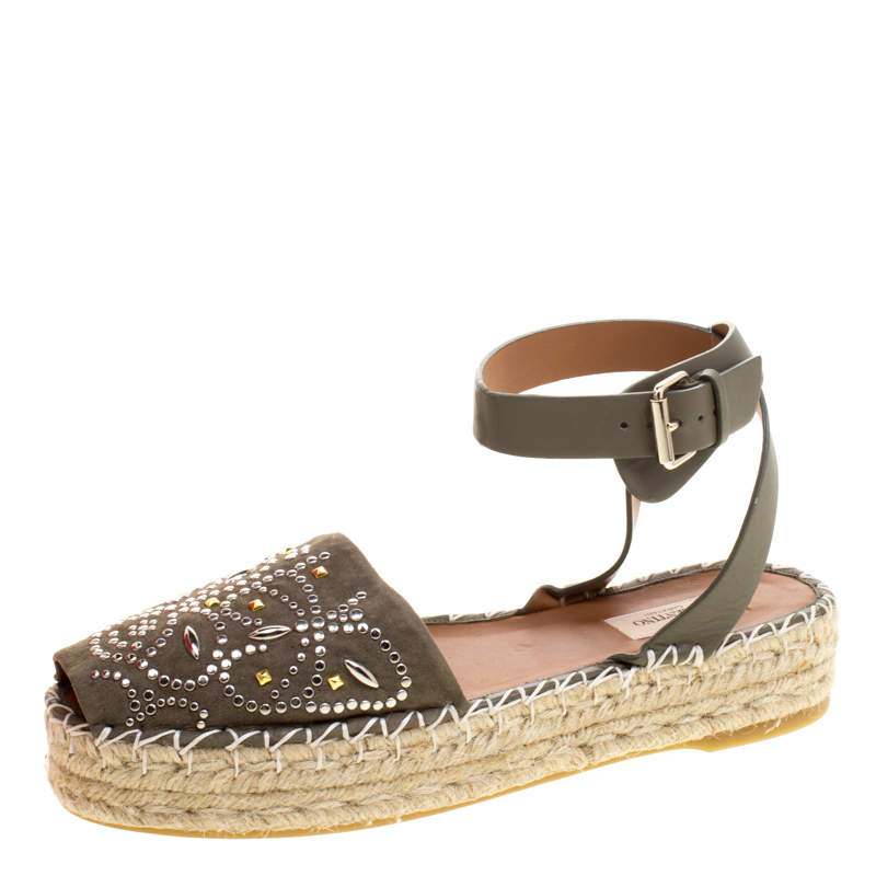 Pre Owned Valentino Army Green Embellished Suede and Leather Ankle Strap Espadrilles Size 40