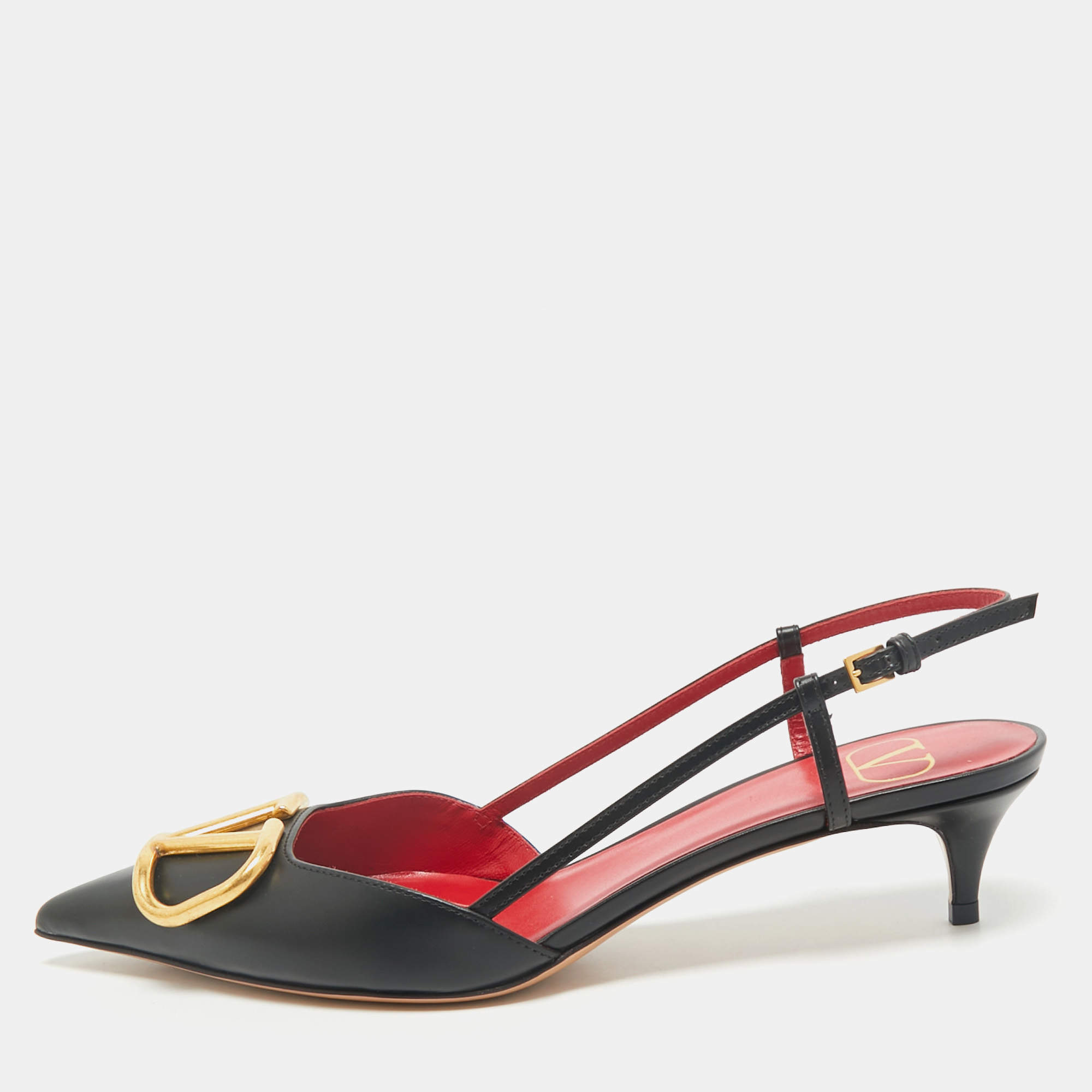 Valentino Black Leather Escape V logo Slingback Pumps Size 38