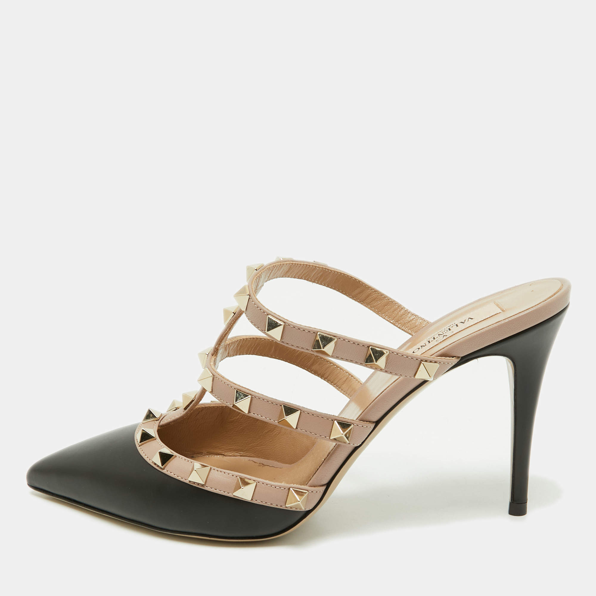 Pre Owned Valentino Black/Dusty Pink Leather Rockstud Mules Size 39