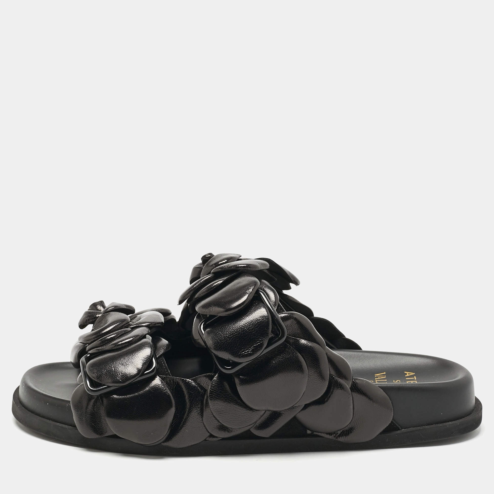 Pre Owned Valentino Black Leather 03 Rose Edition Atelier Flat Slides Size 36