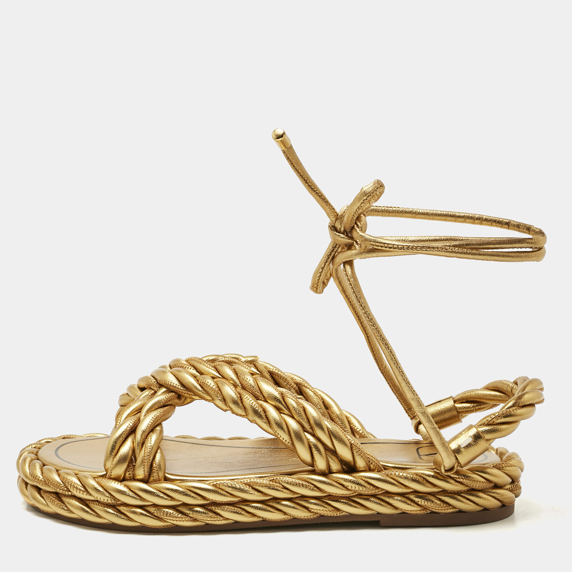 Pre Owned Valentino Gold Leather The Rope  Ankle Wrap Flat Sandals Size 36