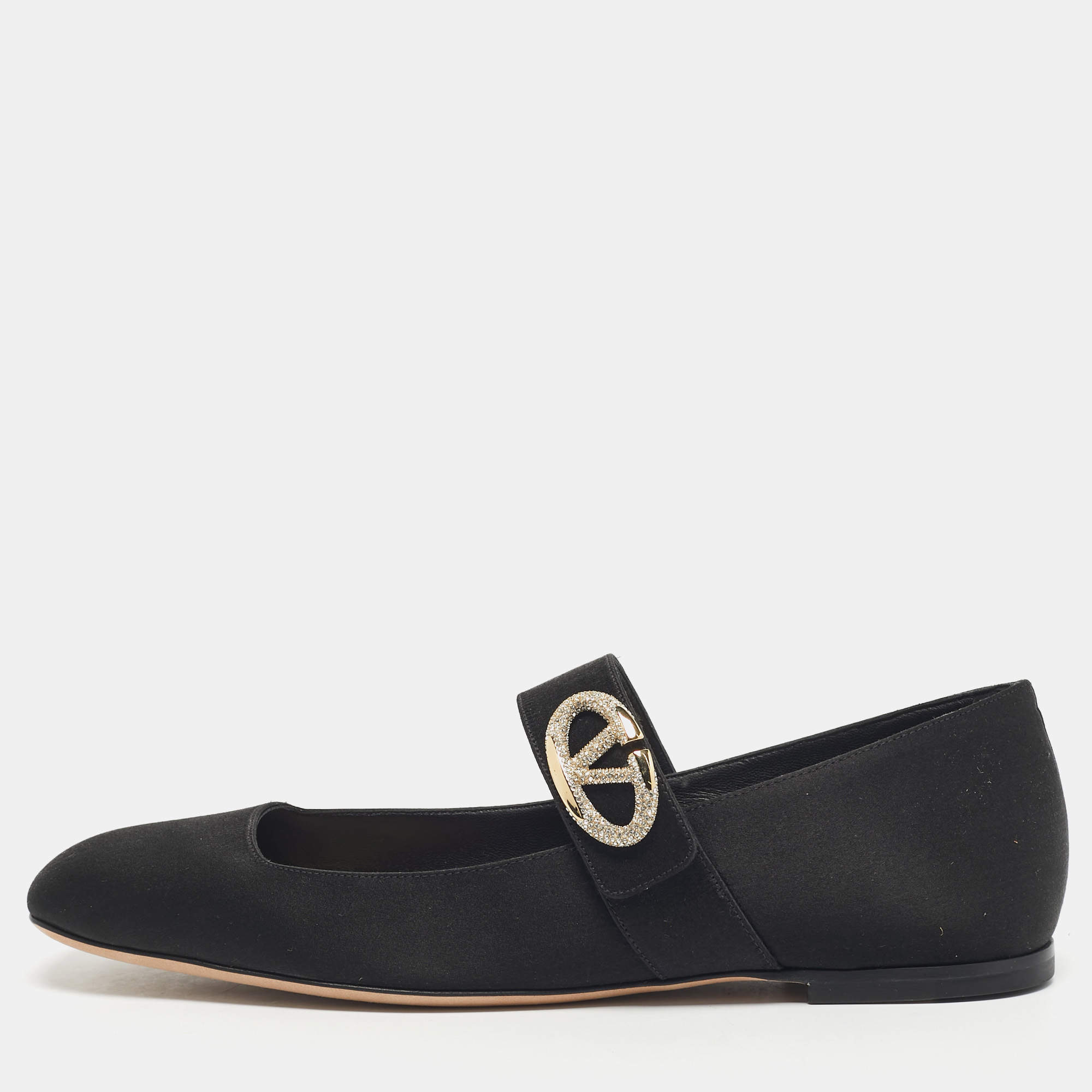 Pre Owned Valentino Black Satin VLogo Mary Jane Ballet Flats Size 38