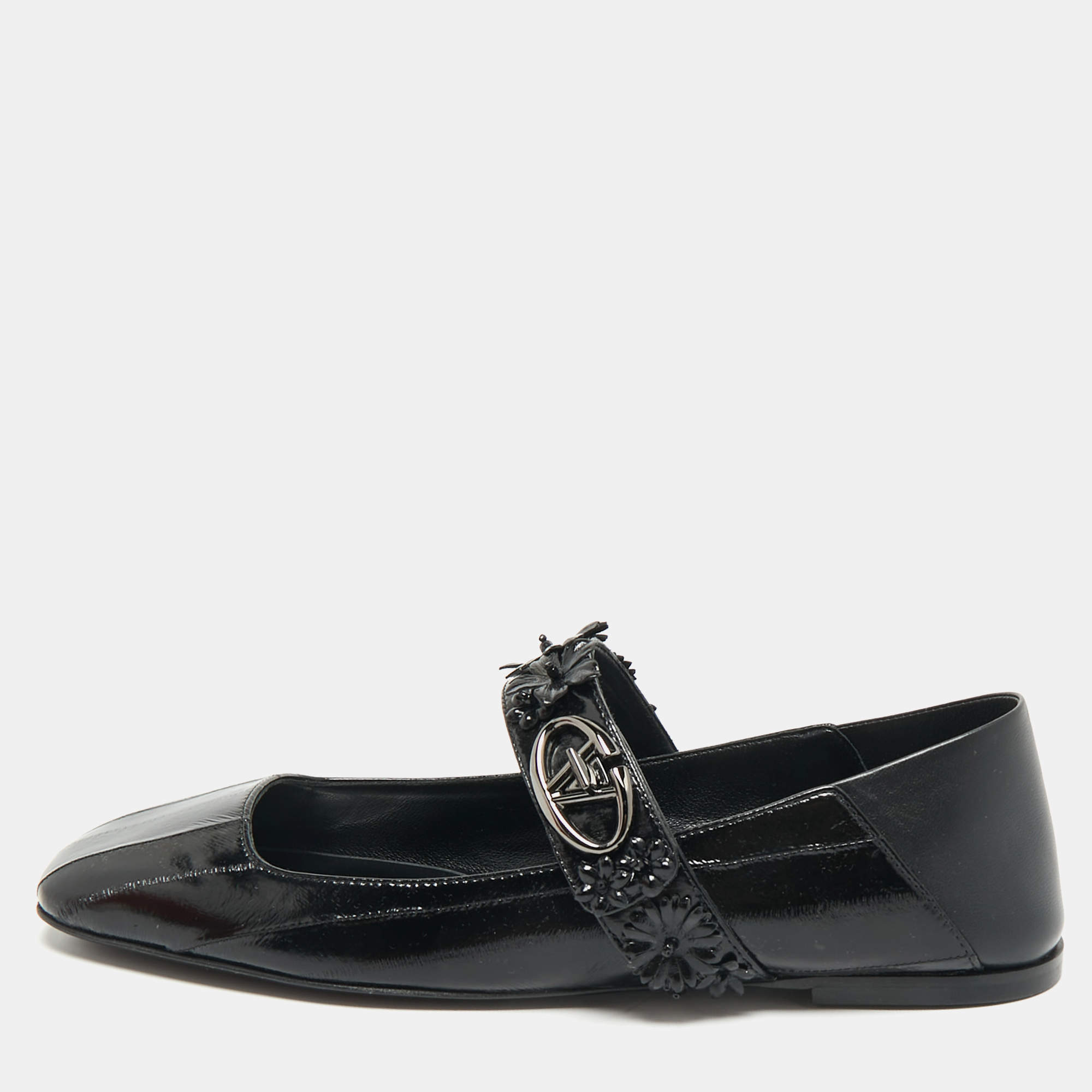 Pre Owned Valentino Black Eel Leather VLogo Locker Mary Jane Ballet Flats Size 39