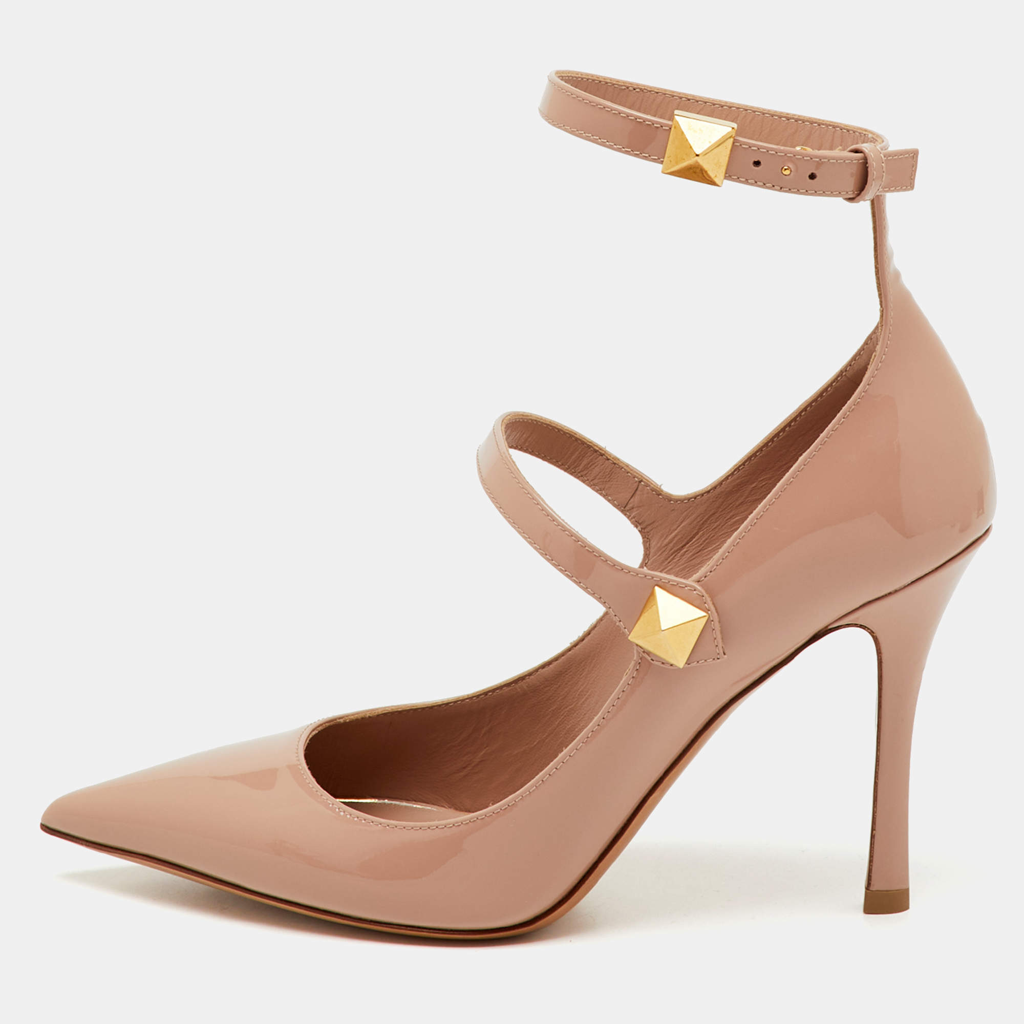 Pre Owned Valentino Beige Patent Leather TipToe Ankle Strap Pumps Size 37.5