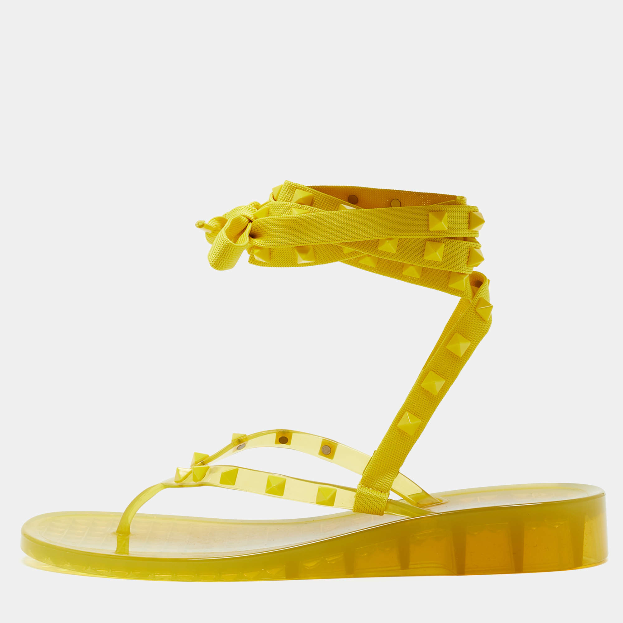 Pre Owned Valentino Yellow Fabric and Rubber Rockstud Thong Ankle Wrap Flats Size 39