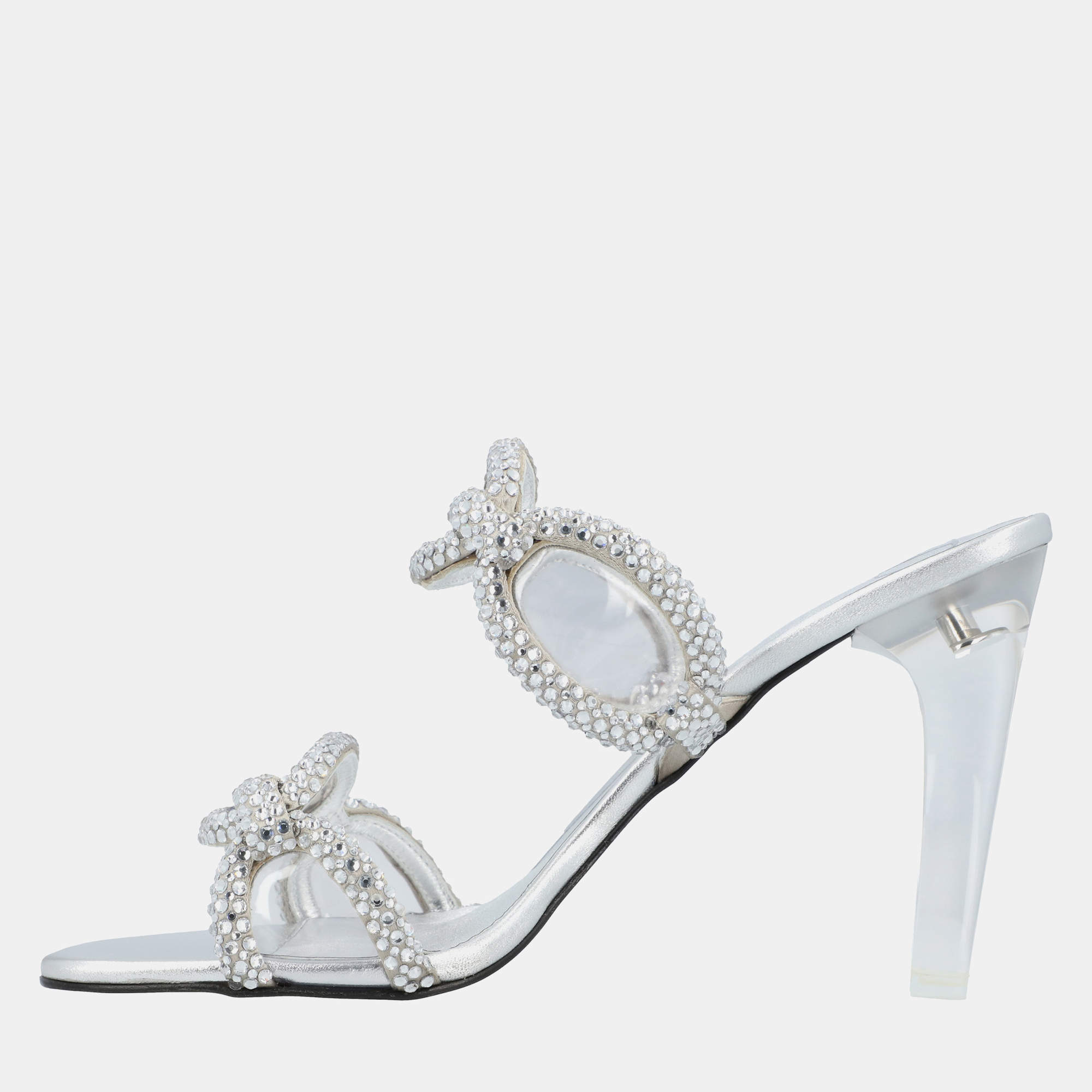 Pre Owned Valentino Chain 1967 Slide EU 37 Silver Leather Sandals