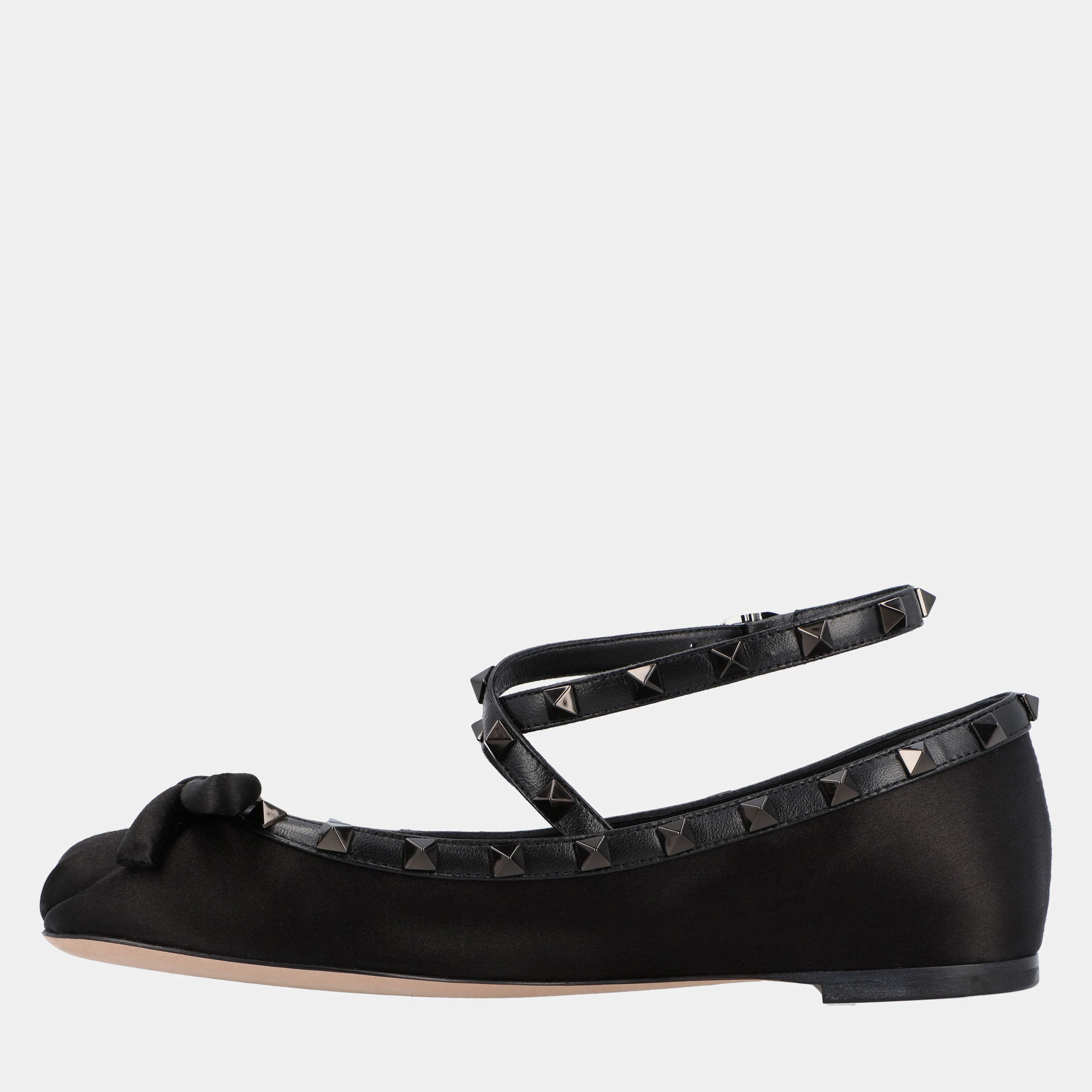 Pre Owned Valentino Rockstud EU 37 Black Satin Ballerinas