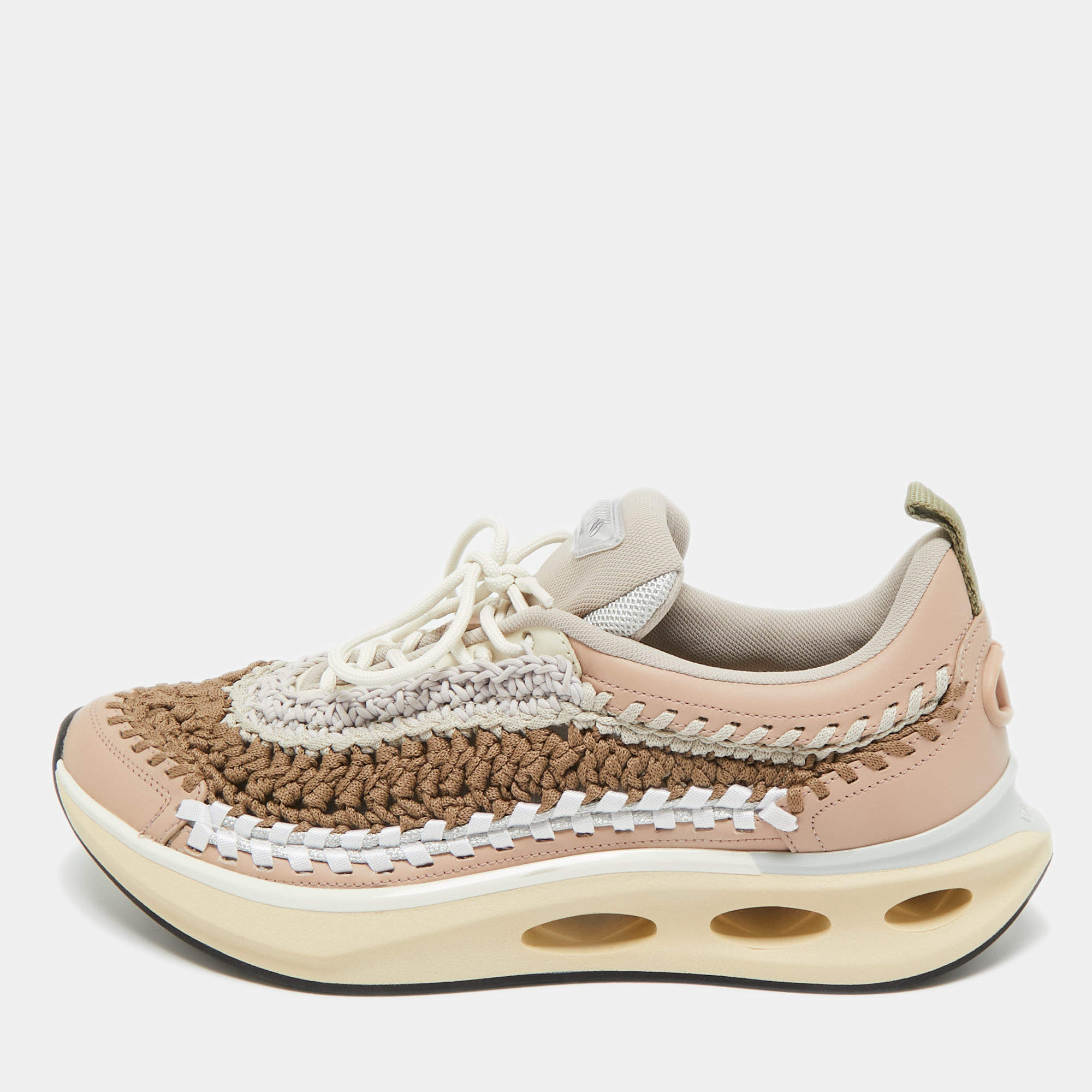 Pre Owned Valentino Multicolor Knit Fabric and Leather Easy Knot Lace Up Sneakers Size 39