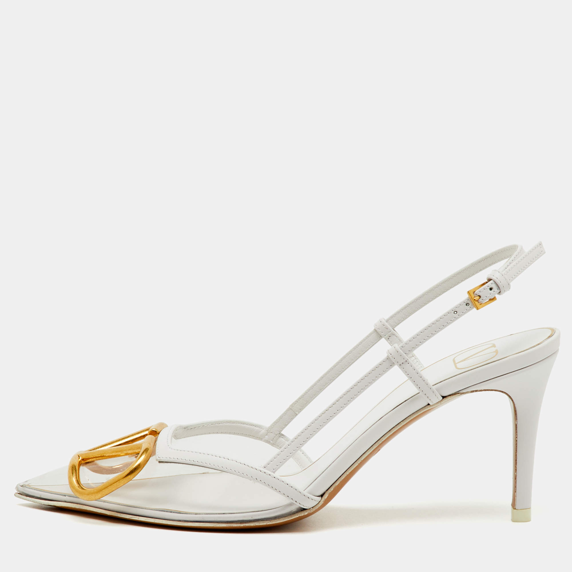 Pre Owned Valentino White/Transparent Leather and PVC VLogo Slingback Pumps Size 35