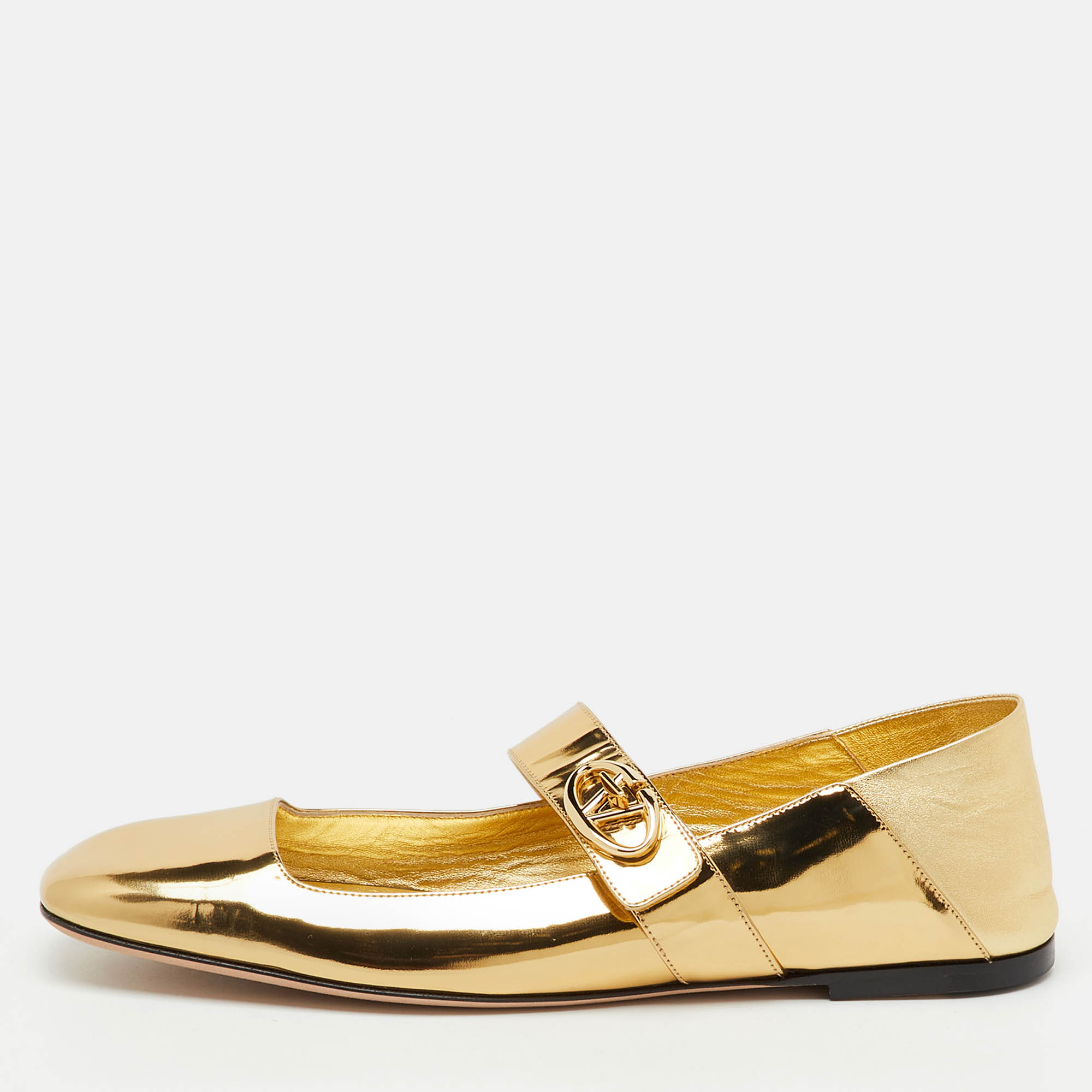 Pre Owned Valentino Gold Patent Leather VLogo Locker Mary Jane Ballet Flats Size 41.5