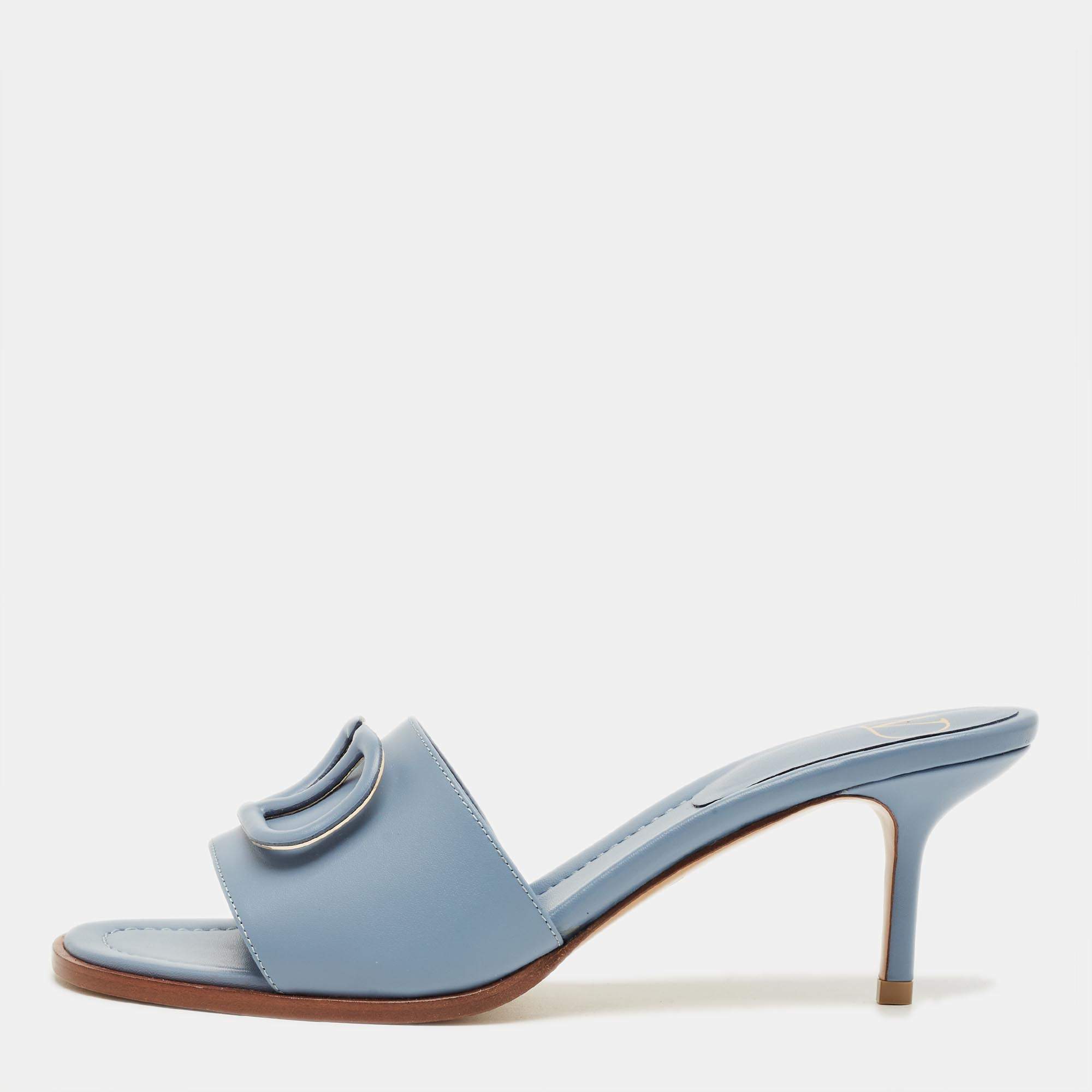 Pre Owned Valentino Blue Leather VLogo Slide Sandals Size 39.5