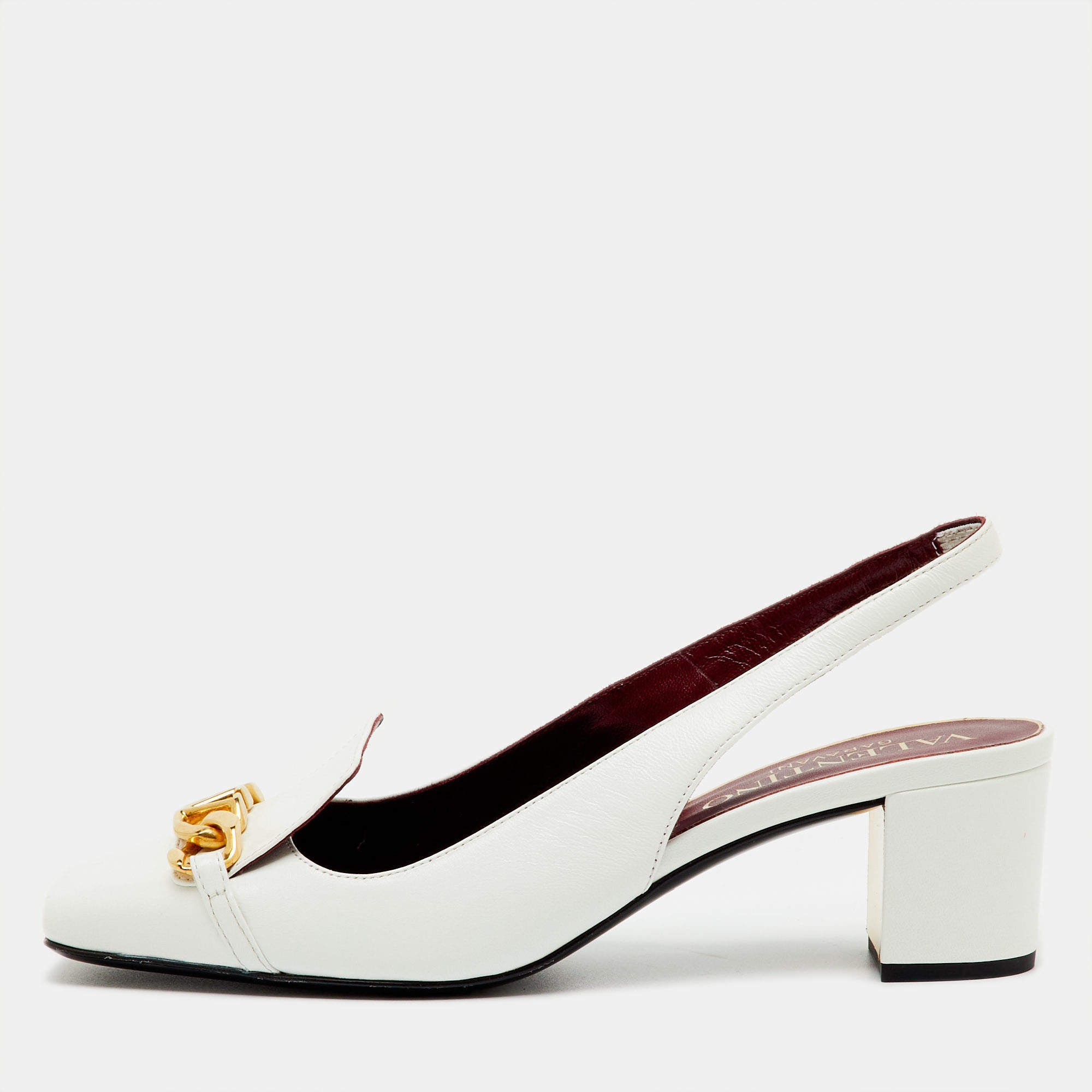 Pre Owned Valentino White Leather VLogo Chain Block Heel Slingback Pumps Size 36