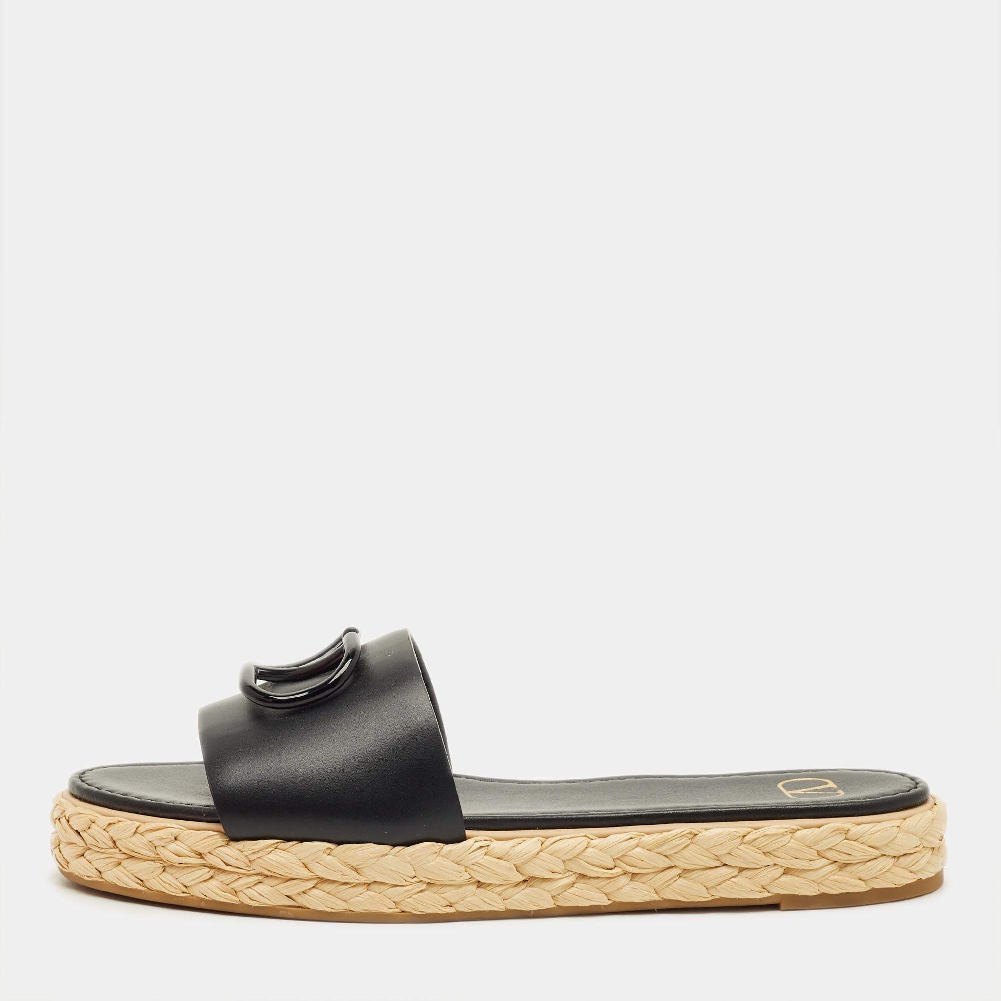 Pre Owned Valentino Black Leather VLogo Espadrille Slides Size 41