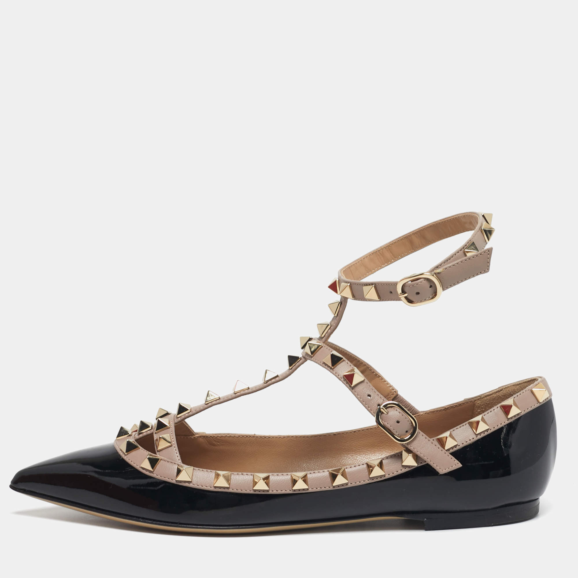 مملوكة مسبقًا Valentino Rockstud Size 37 Black/Beige Leather and Patent Leather Ballet Flats