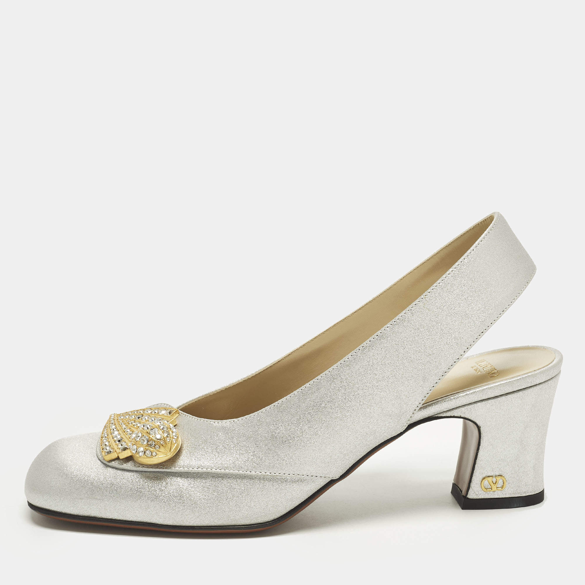 مملوكة مسبقًا Valentino Adamantine Size 39 Metallic Silver Leather Slingback Block Heel Pumps