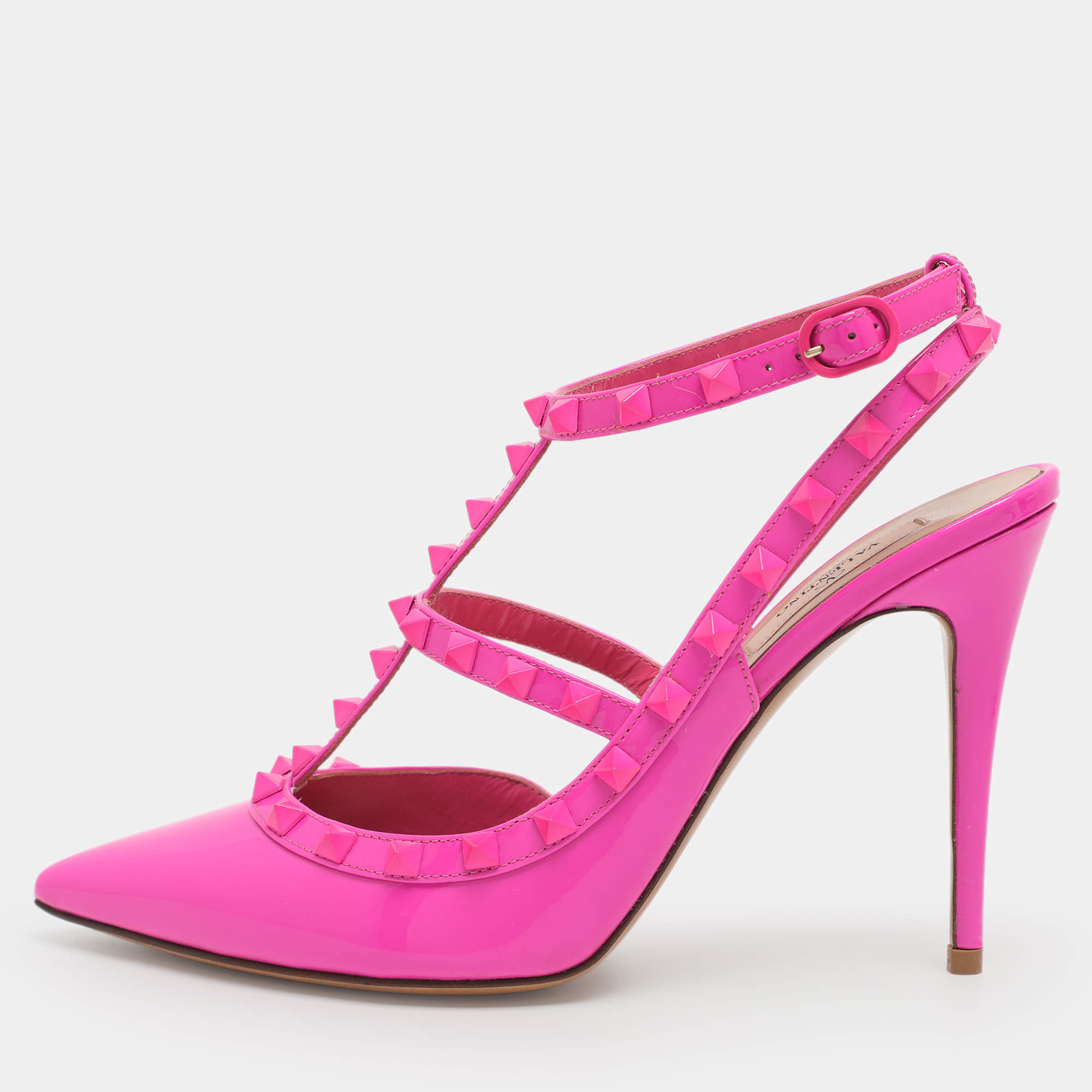 Pre Owned حذاء كعب عالي فالنتينو روكستد جلد لامع وردي بحزام للكاحل مقاس 41